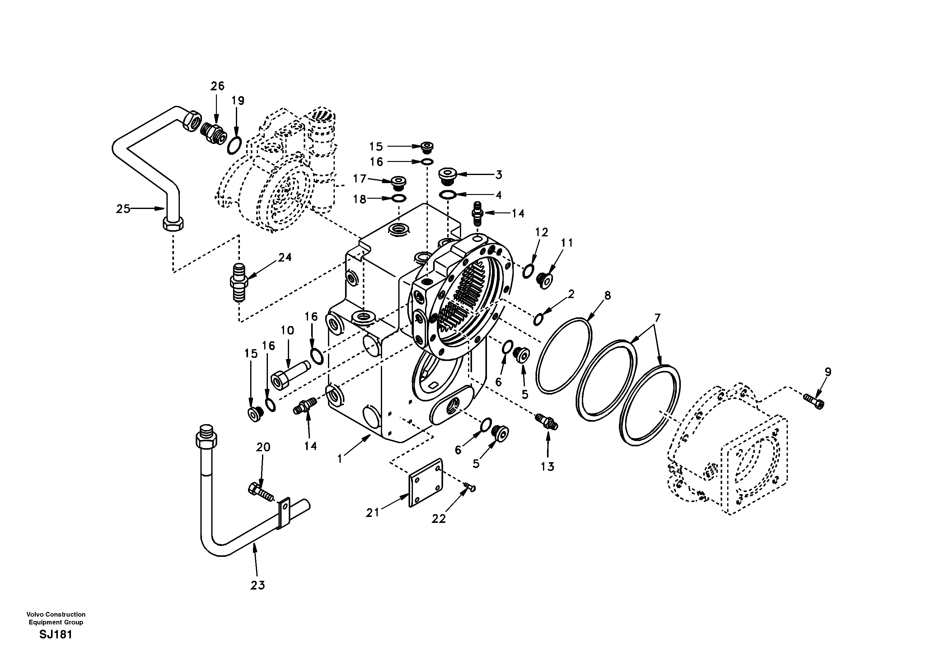 Схема запчастей Volvo EW170 - 103074 Gear box housing with fitting parts EW170 & EW180 SER NO 3031-