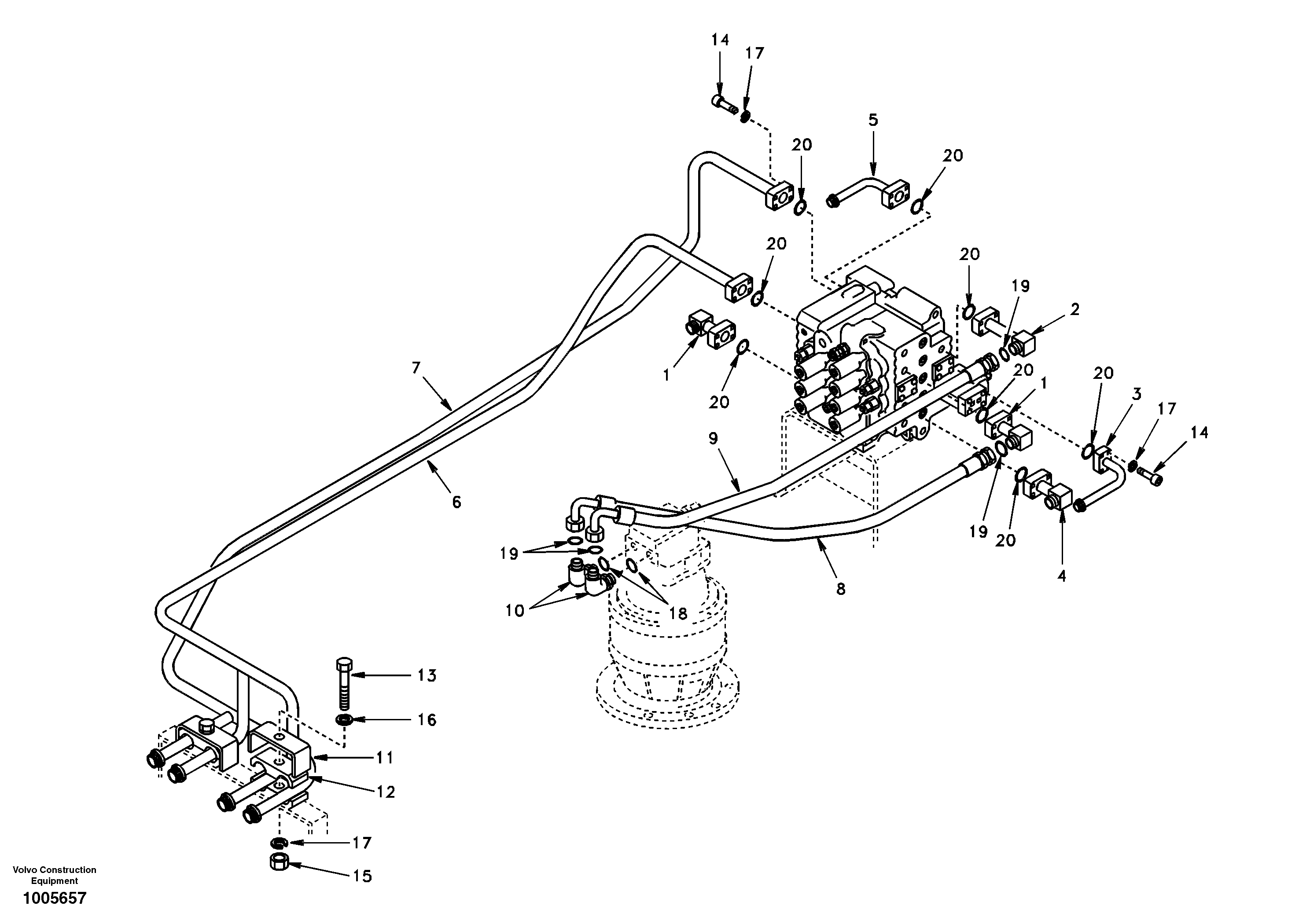 Схема запчастей Volvo EC210 - 80805 Hydraulic system, control valve to boom and swing EC210