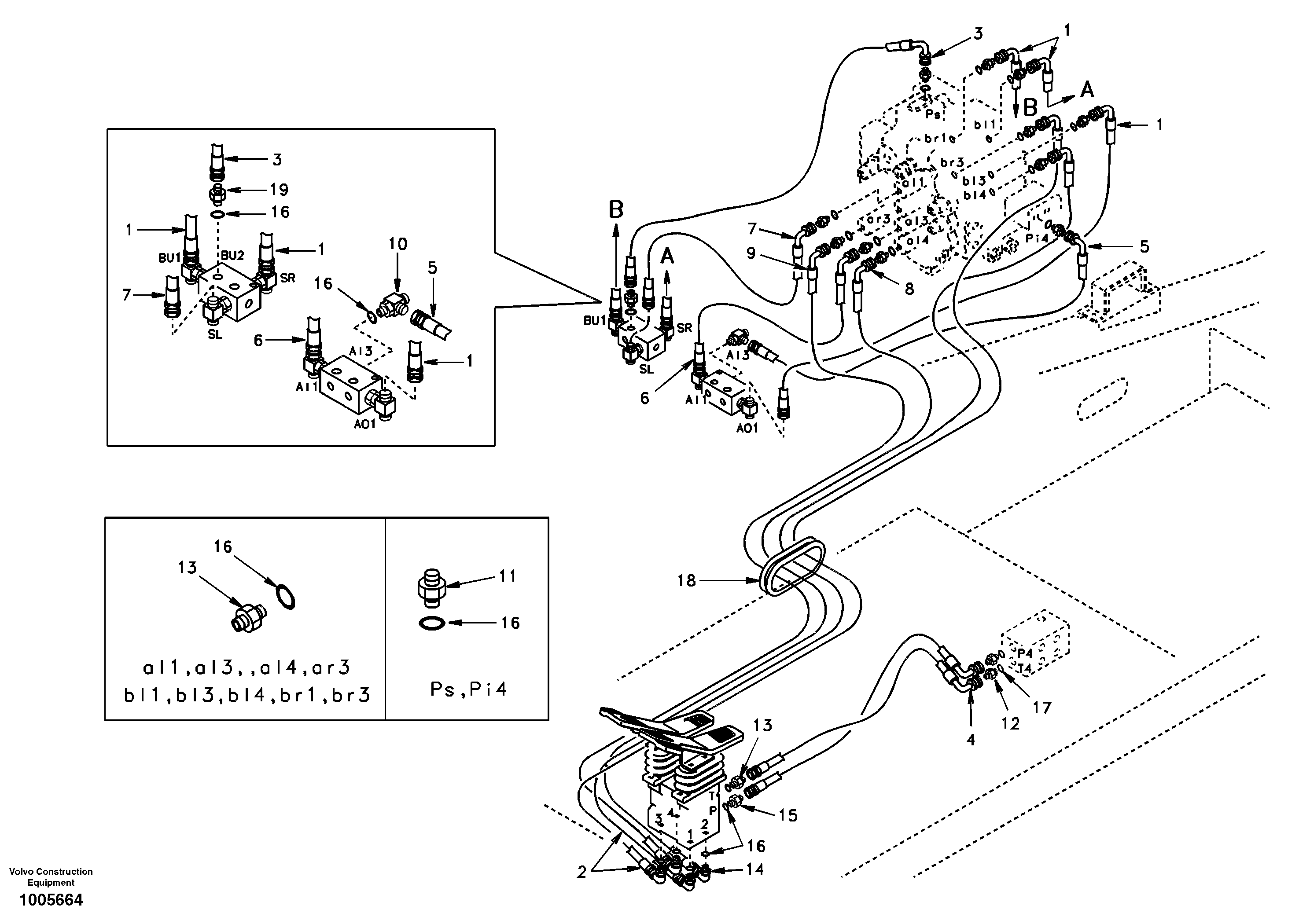 Схема запчастей Volvo EC210 - 44286 Servo system, control valve to remote control valve pedal EC210