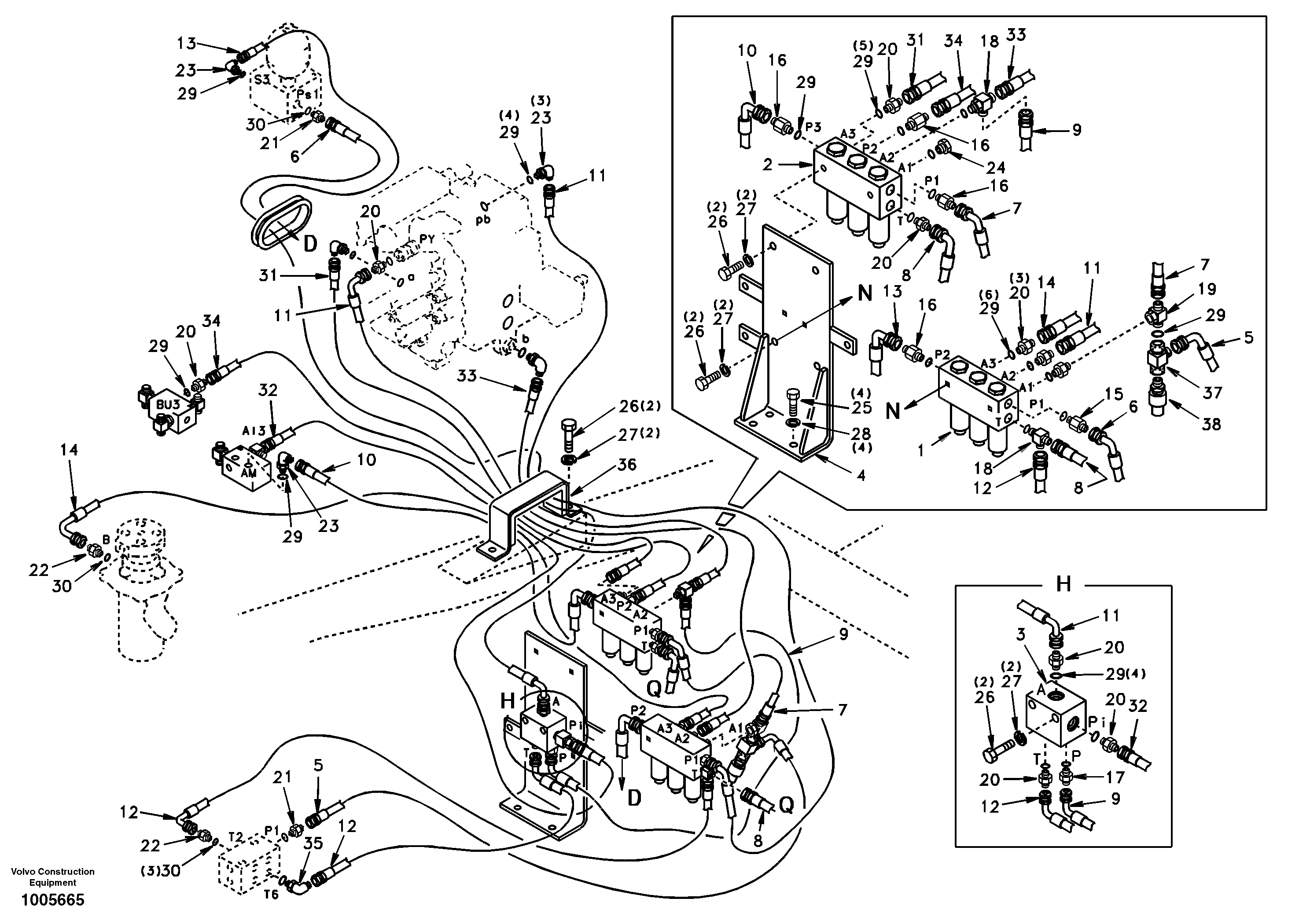 Схема запчастей Volvo EC210 - 44288 Servo system, control valve to solenoid valve EC210