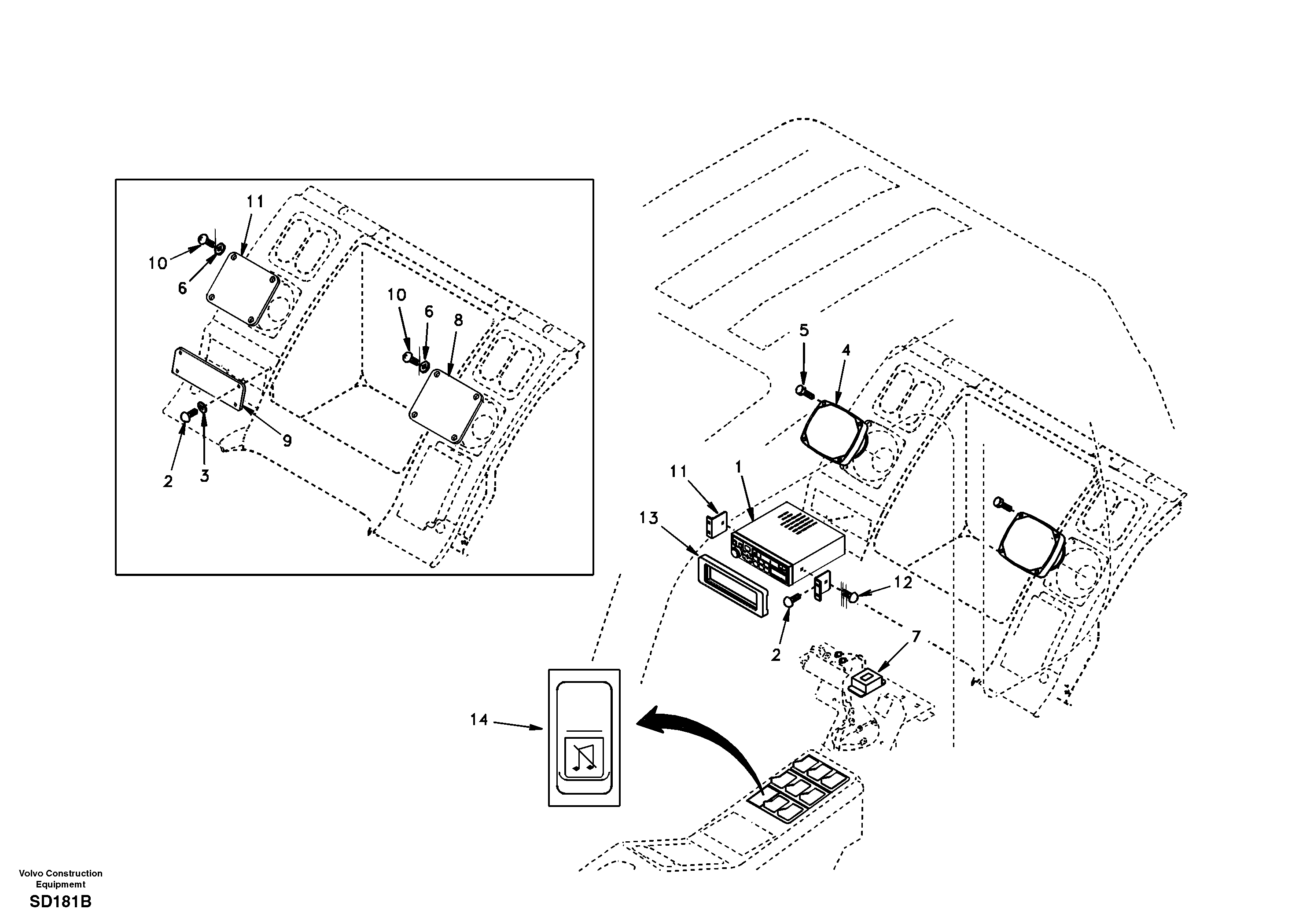 Схема запчастей Volvo EC210 - 97004 Cassette radio recorder with mounting details EC210