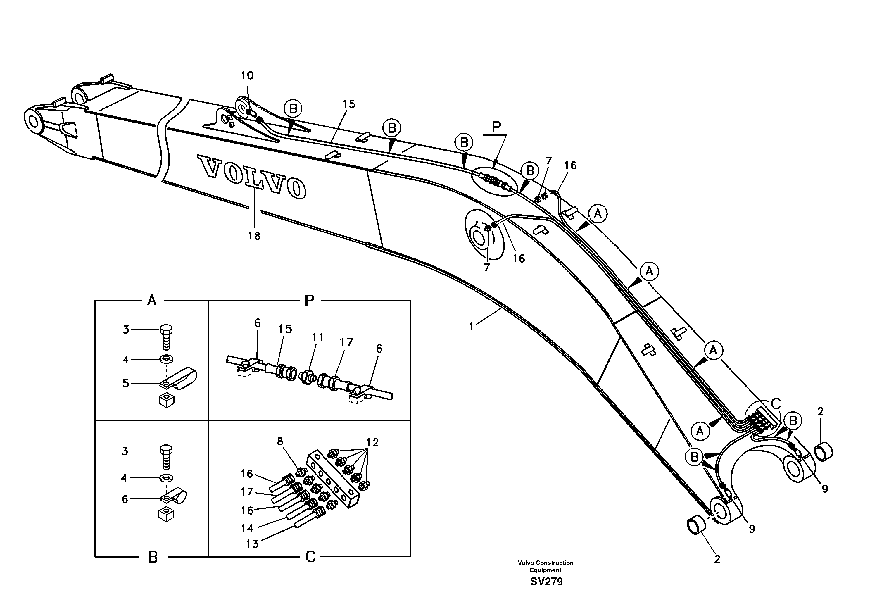 Схема запчастей Volvo EC460B - 63856 Boom and grease piping, long reach EC460B