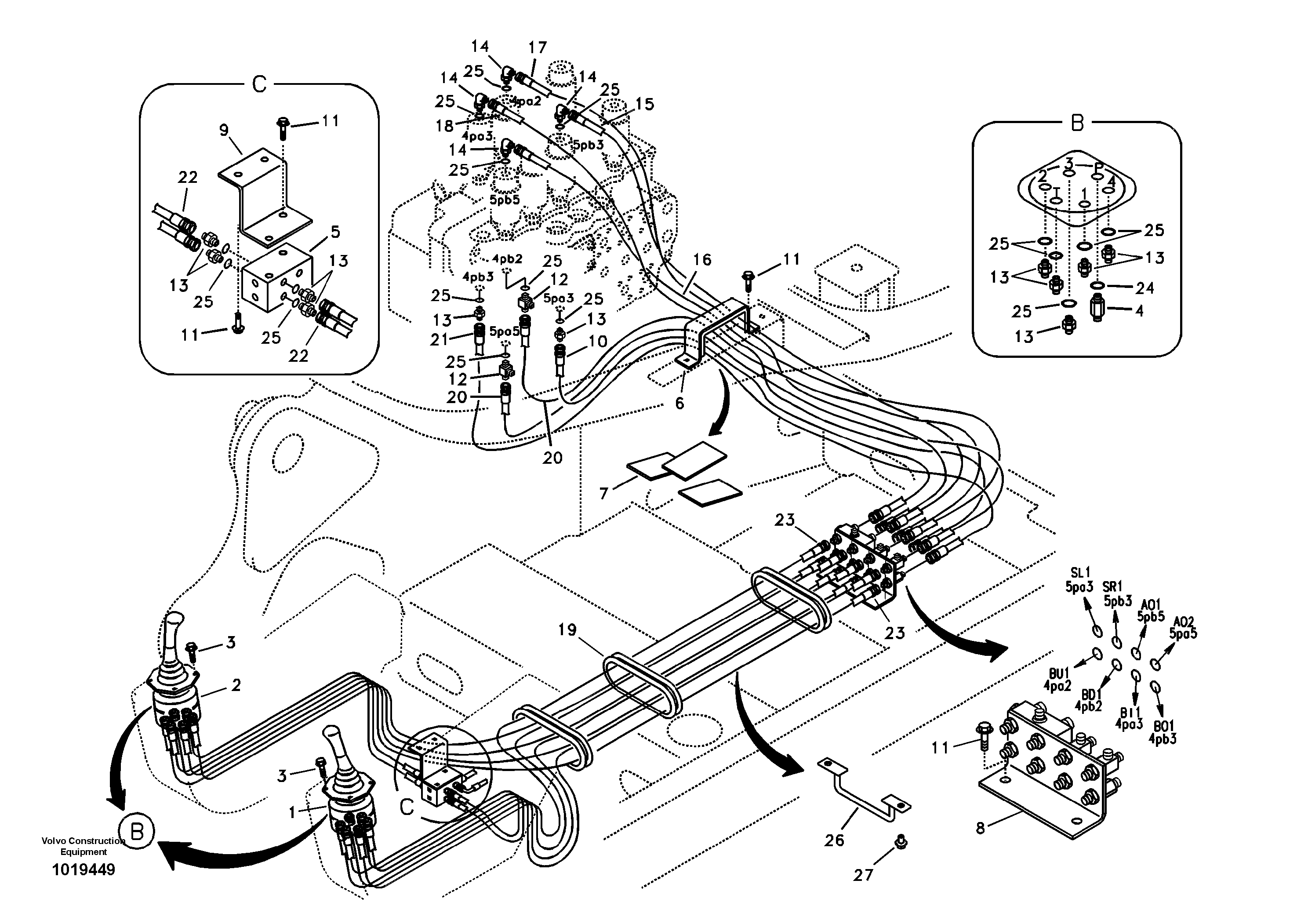 Схема запчастей Volvo EC460B - 32961 Servo system, control valve to remote control valve EC460B SER NO INT 11515- EU&NA 80001-