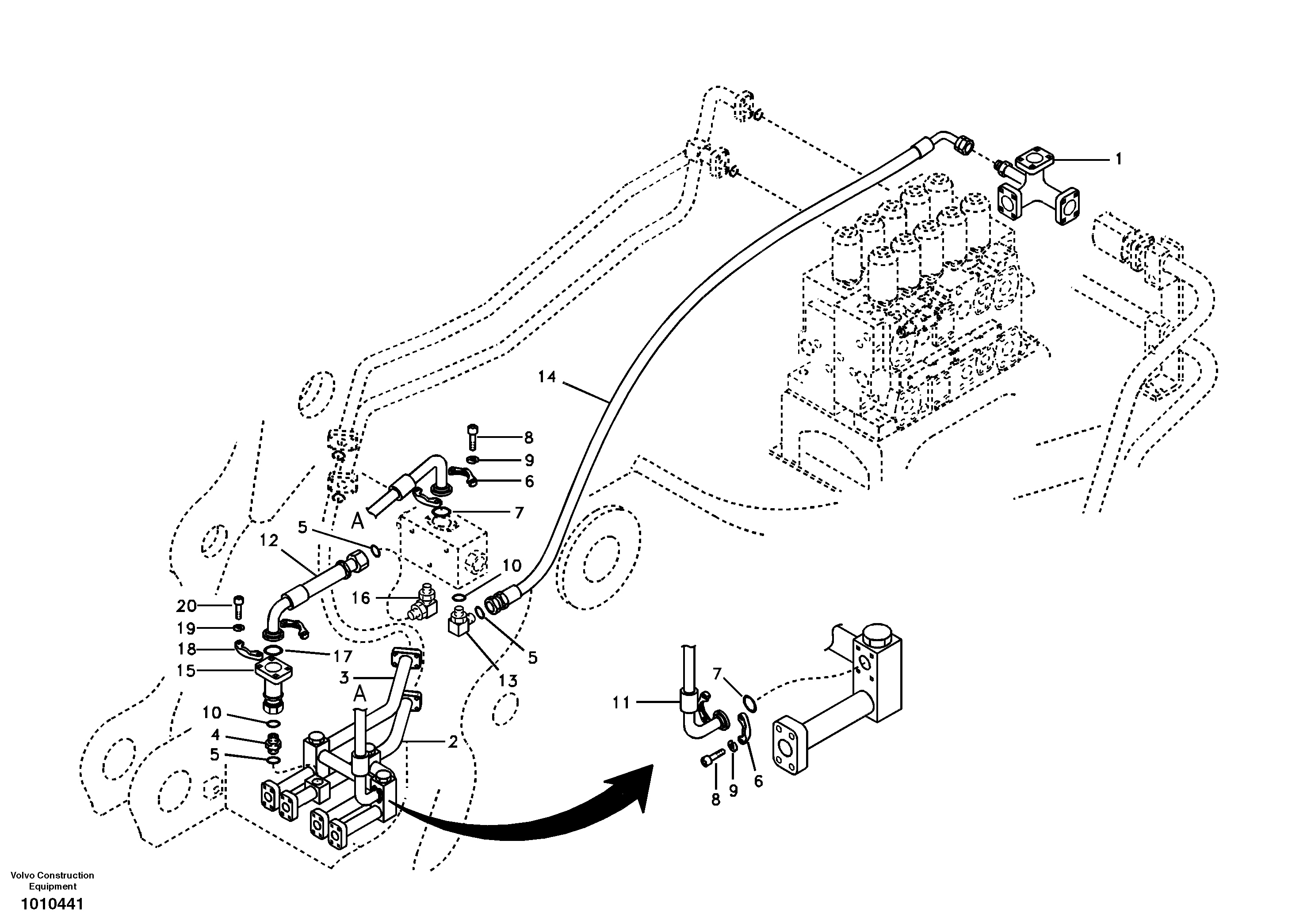 Схема запчастей Volvo EC460B - 40464 Hydraulic system, control valve to boom and swing EC460B