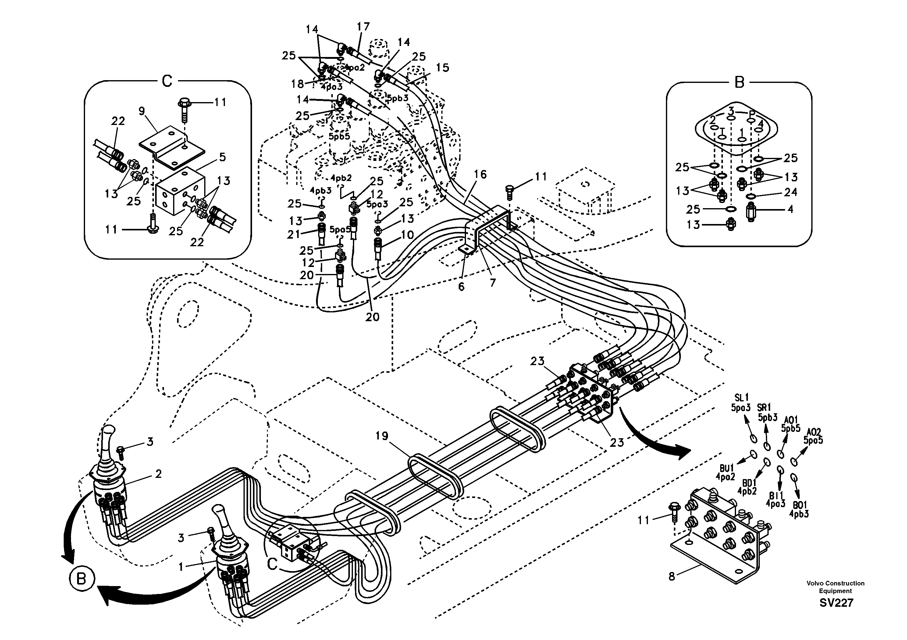 Схема запчастей Volvo EC460B - 40465 Servo system, control valve to remote control valve EC460B