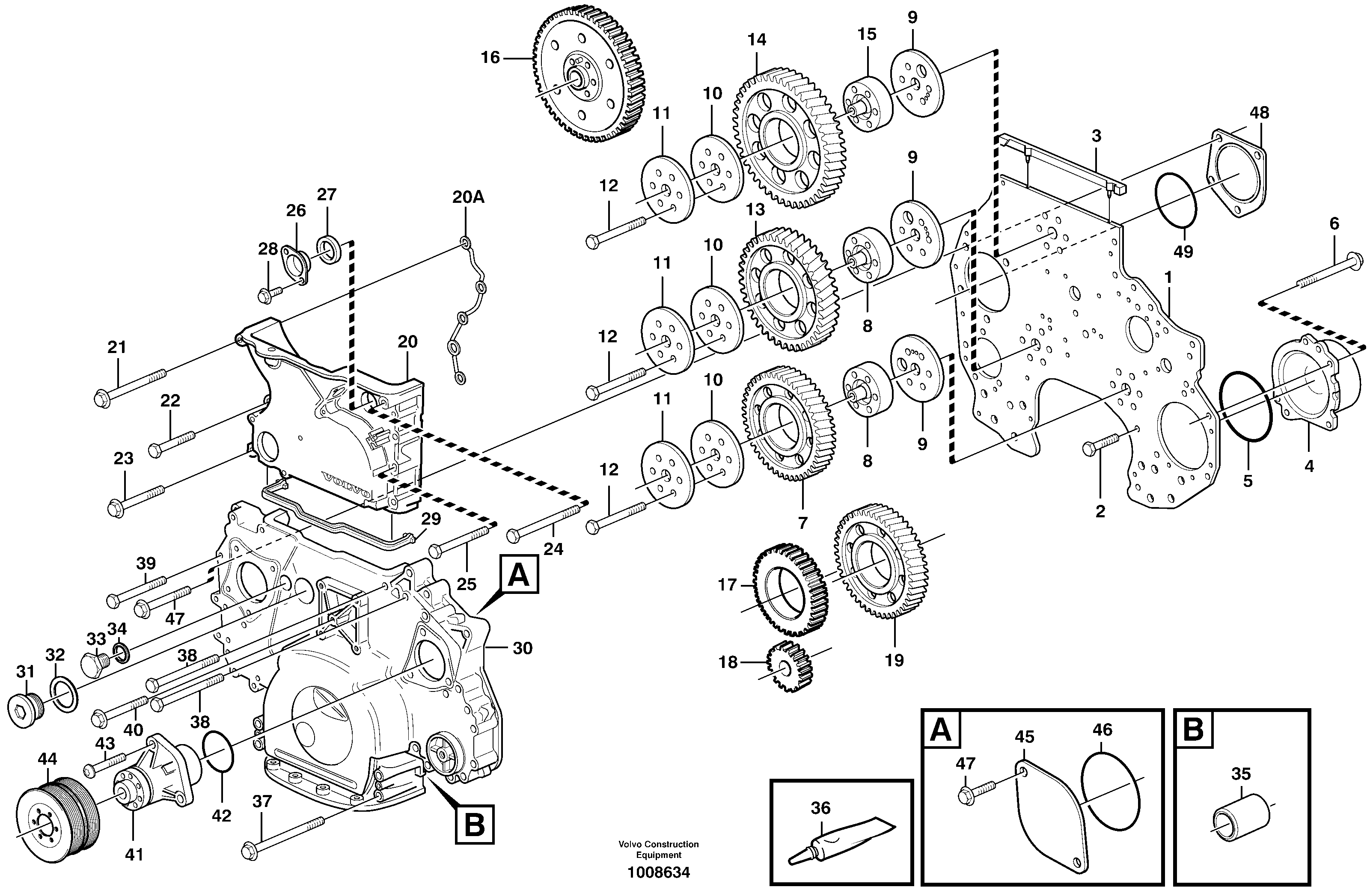 Схема запчастей Volvo EC460B - 14348 Timing gear casing and gears EC460B SER NO INT 11515- EU&NA 80001-