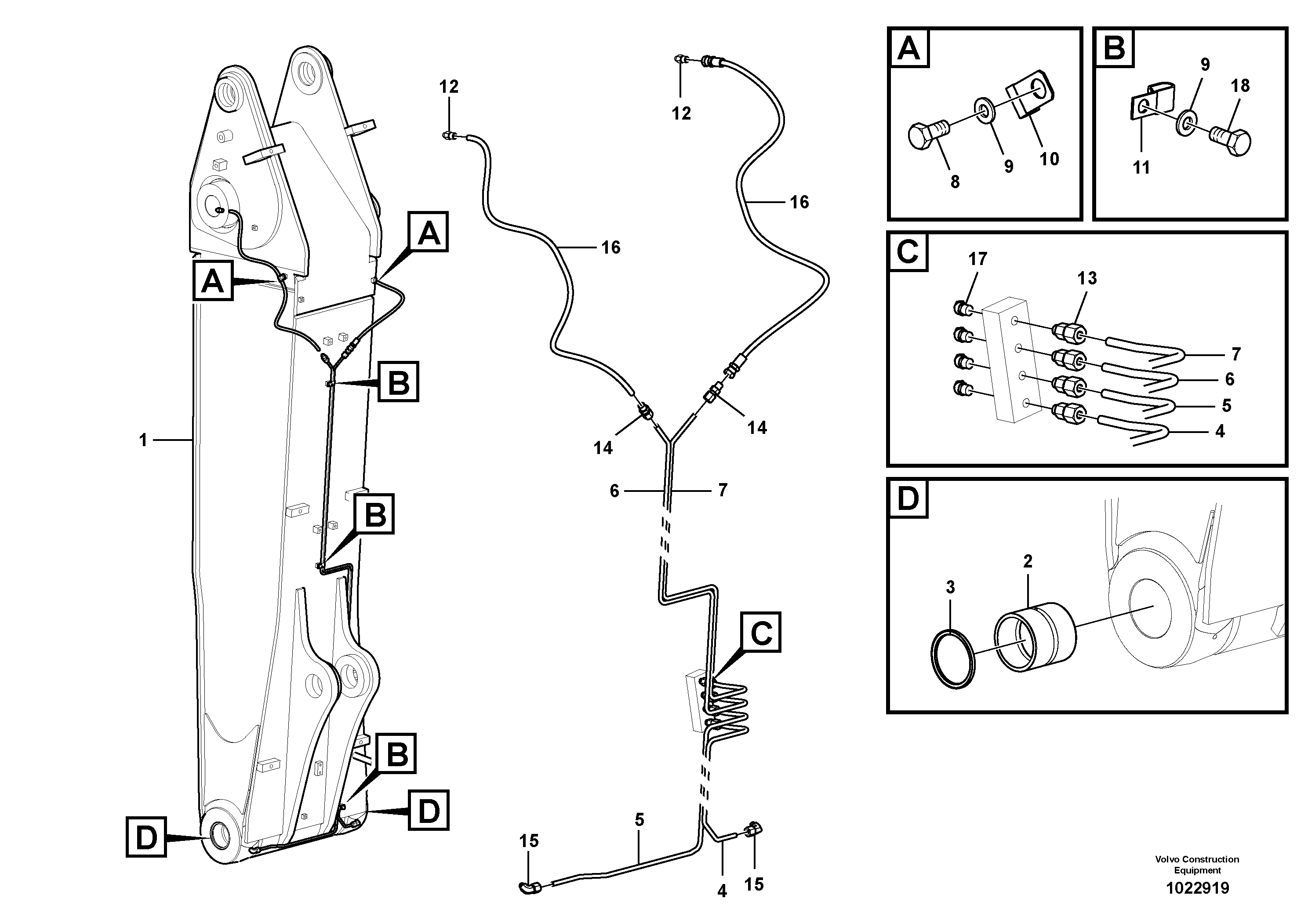 Схема запчастей Volvo EC210C - 16264 Boom and grease piping, adjustable 1st EC210C
