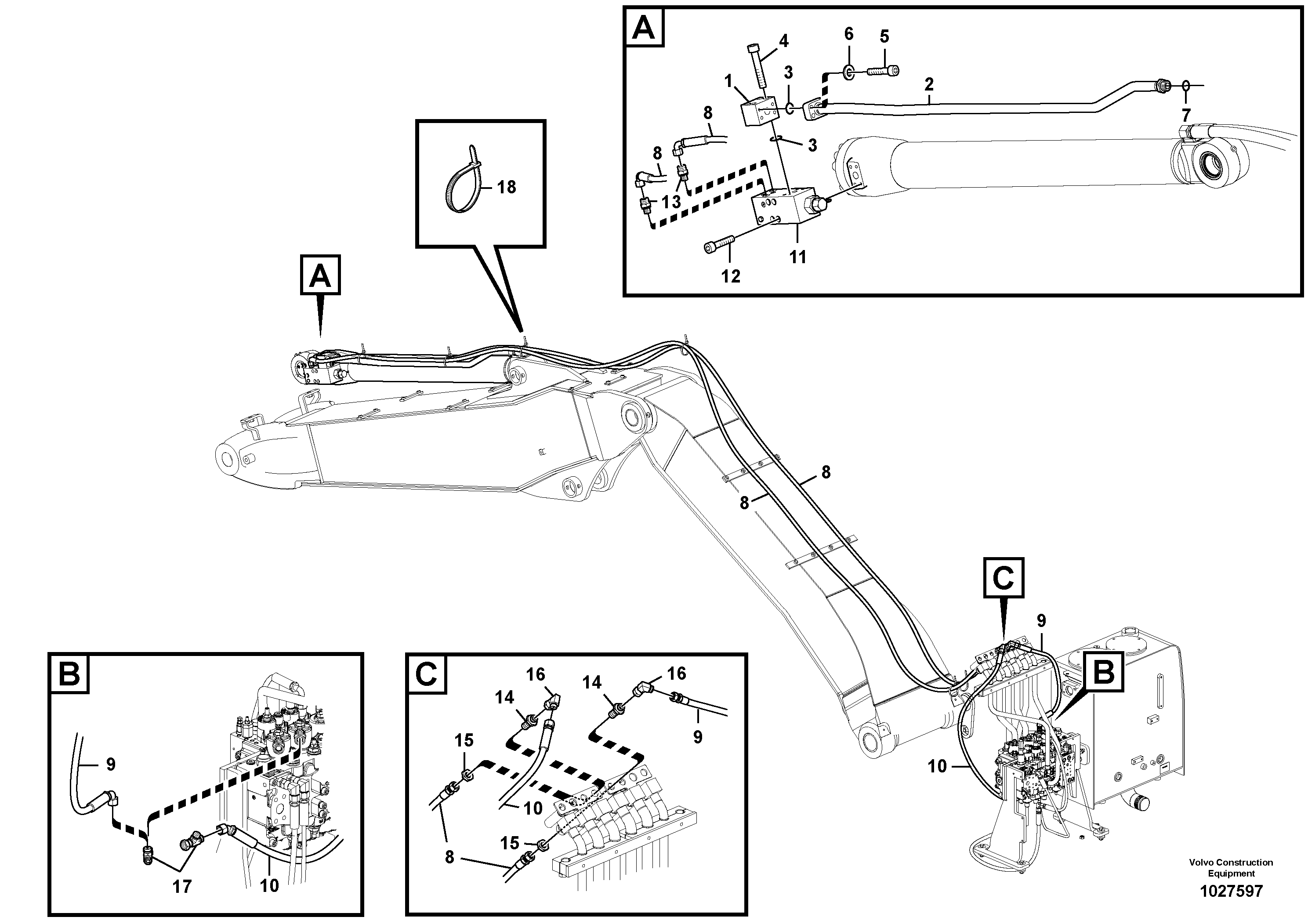 Схема запчастей Volvo EW140C - 59177 Working hydraulic, dipper arm rupture for adjustable boom EW140C