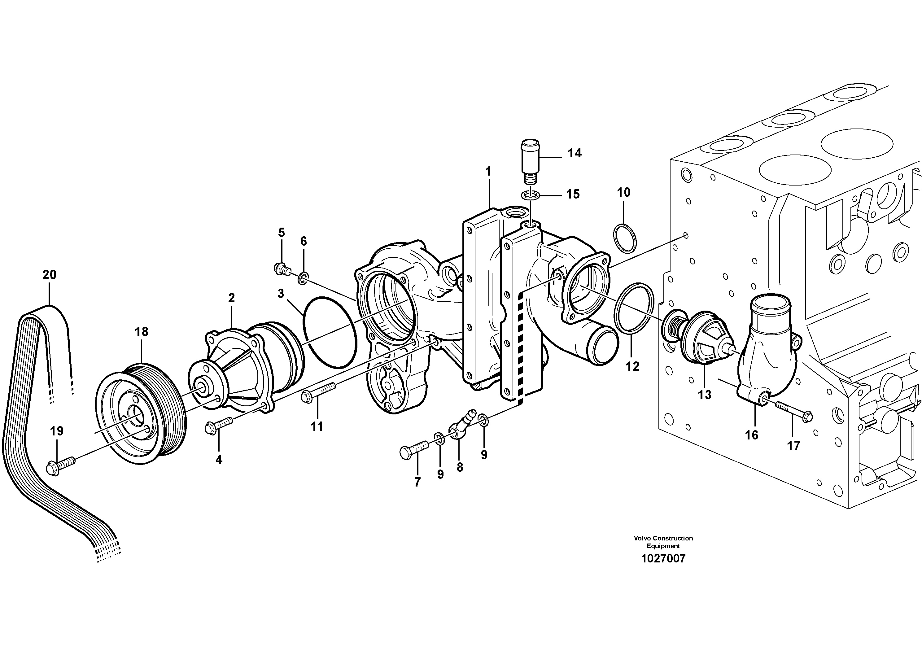 Схема запчастей Volvo EW140C - 99745 Water pump and thermostat housing EW140C