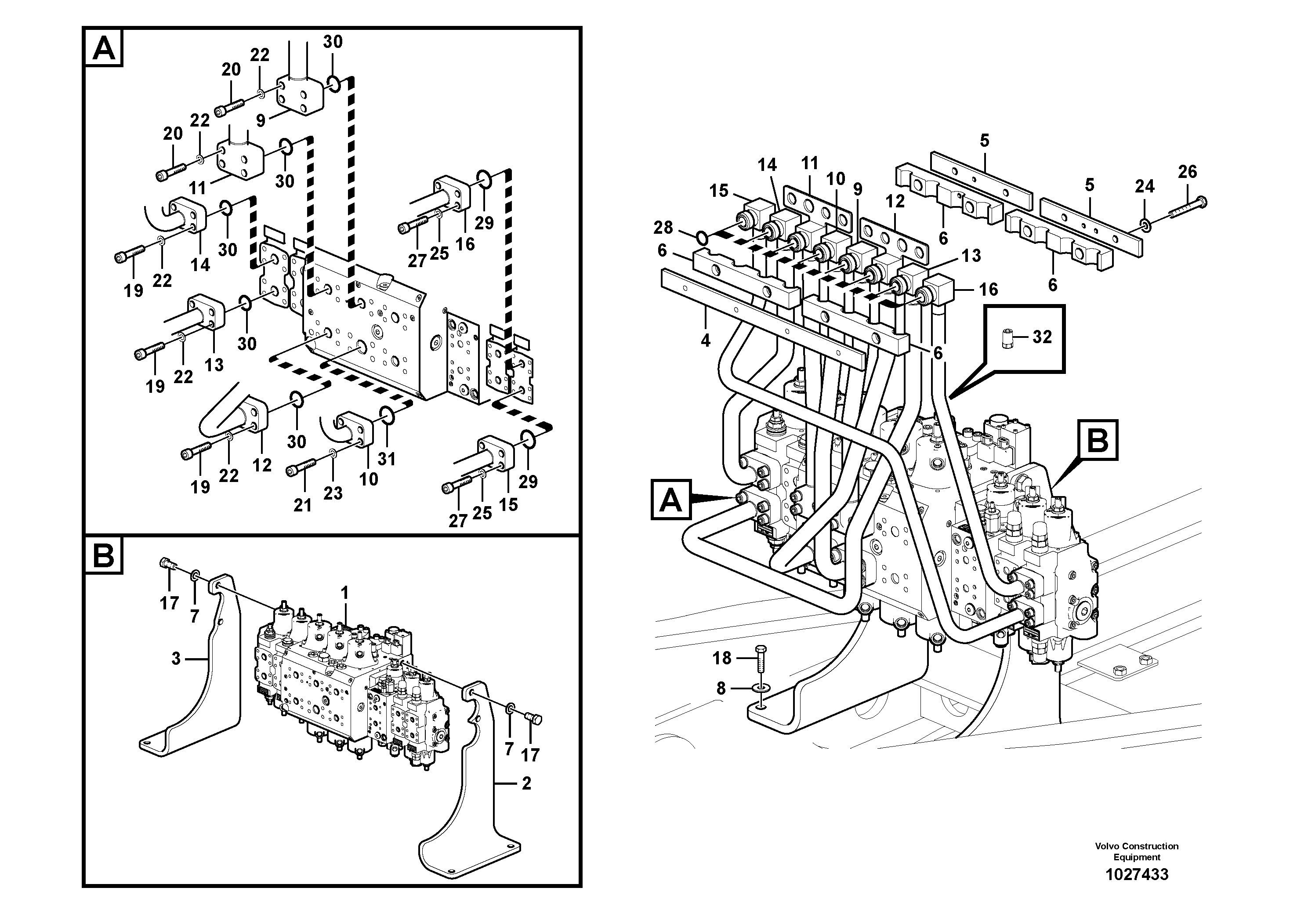 Схема запчастей Volvo EW160C - 100990 Hydraulic system, control valve to boom and swing EW160C