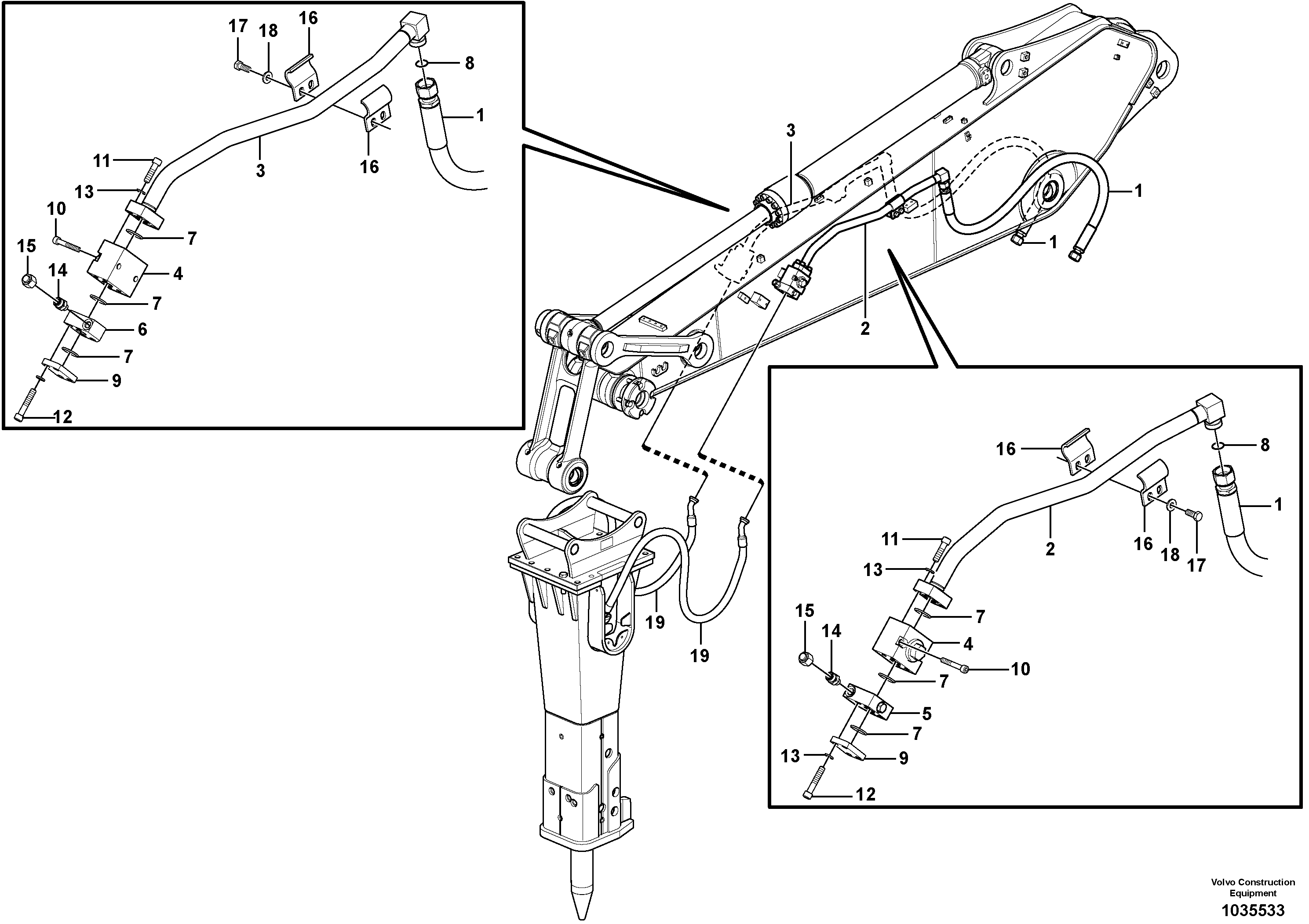 Схема запчастей Volvo EW160C - 90476 Working hydraulic, hammer and shear for dipper arm EW160C