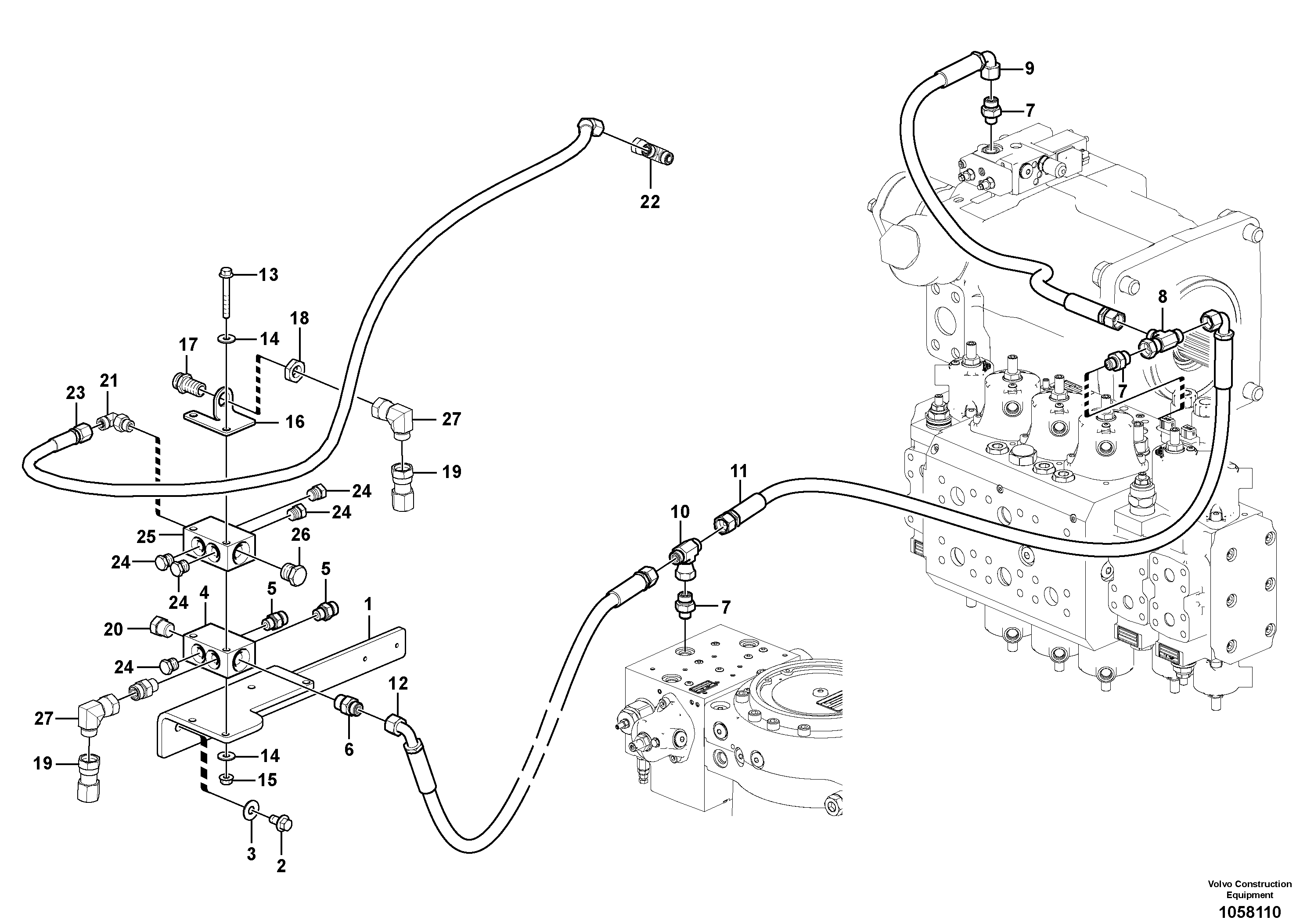 Схема запчастей Volvo EW180C - 93277 Servo system, pump piping and filter mount EW180C