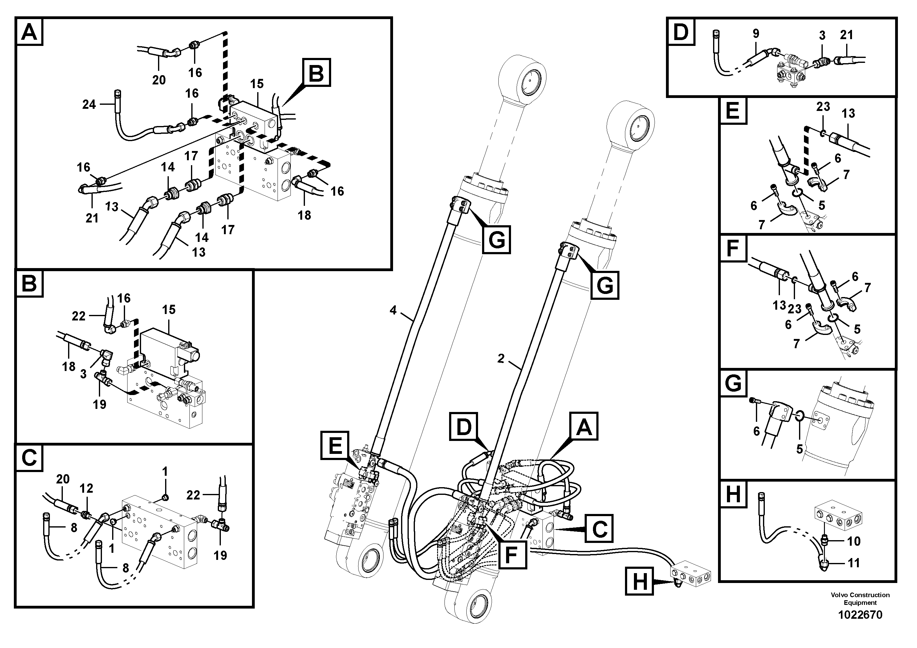 Схема запчастей Volvo EW210C - 77933 Hydraulic system, control valve to boom and swing EW210C