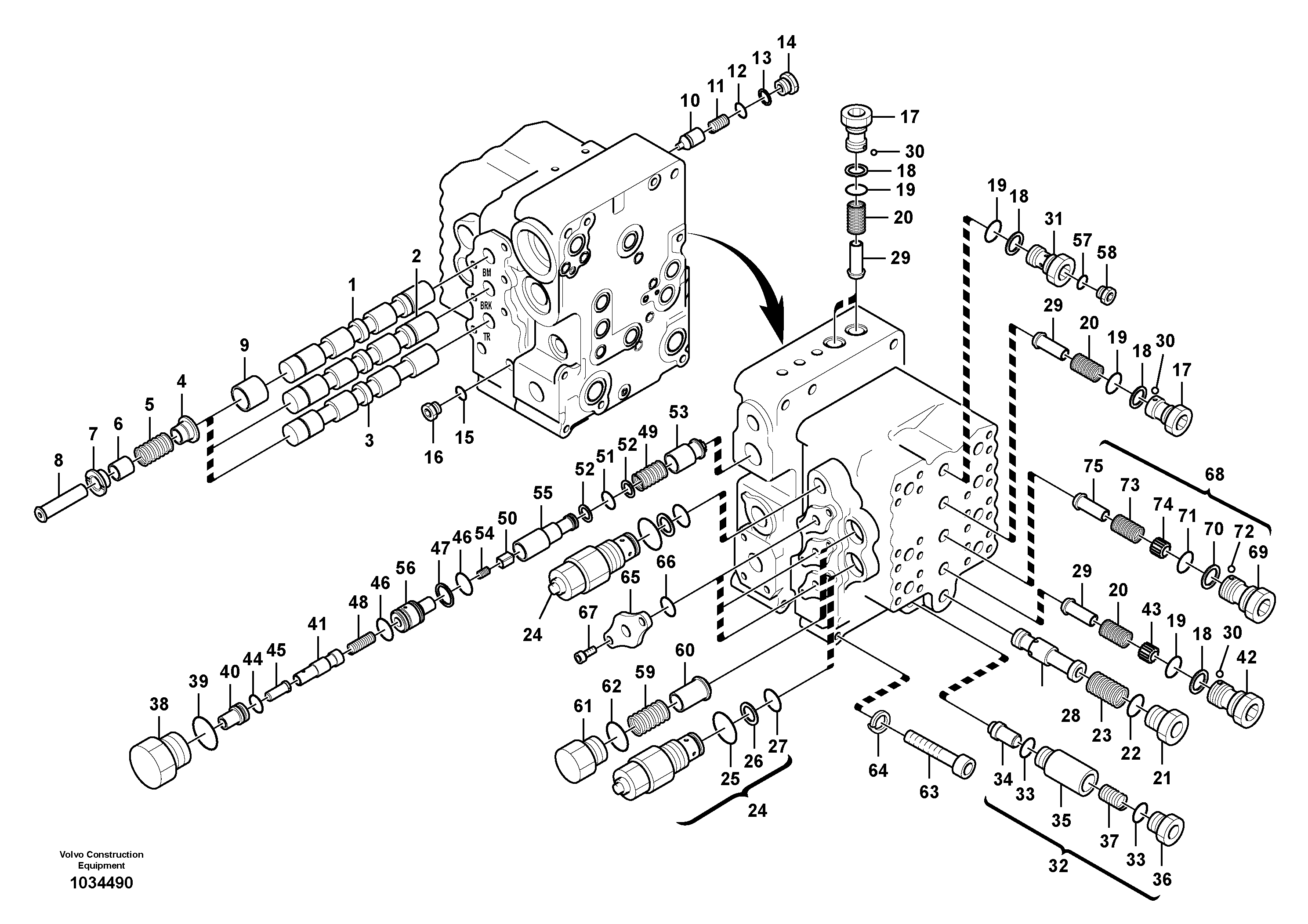 Схема запчастей Volvo EC290C - 77290 Main control valve, boom and bucket and travel Rh EC290C