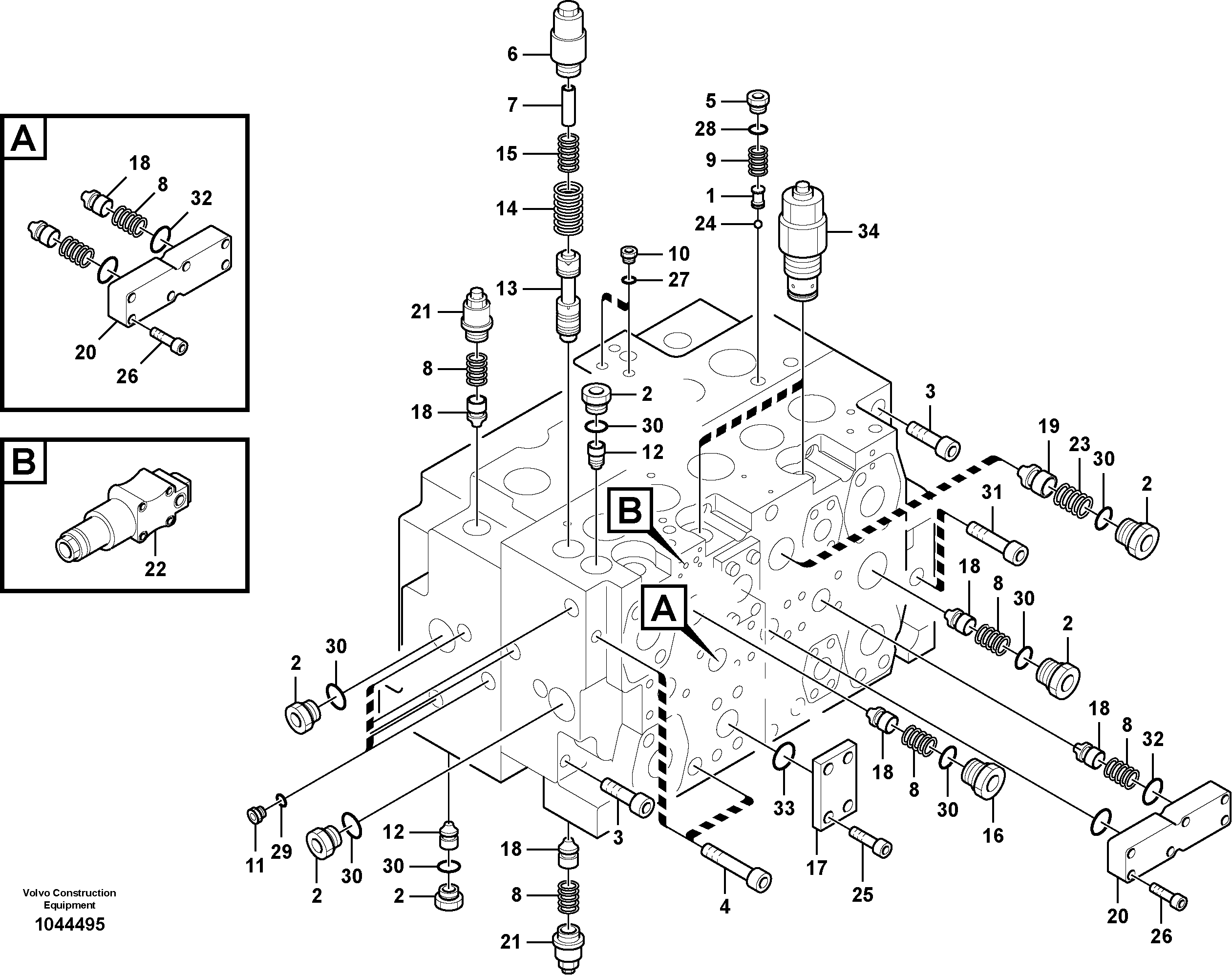 Схема запчастей Volvo EC360C - 74168 Main control valve, relief valve and dipper arm holding EC360C S/N 115001-