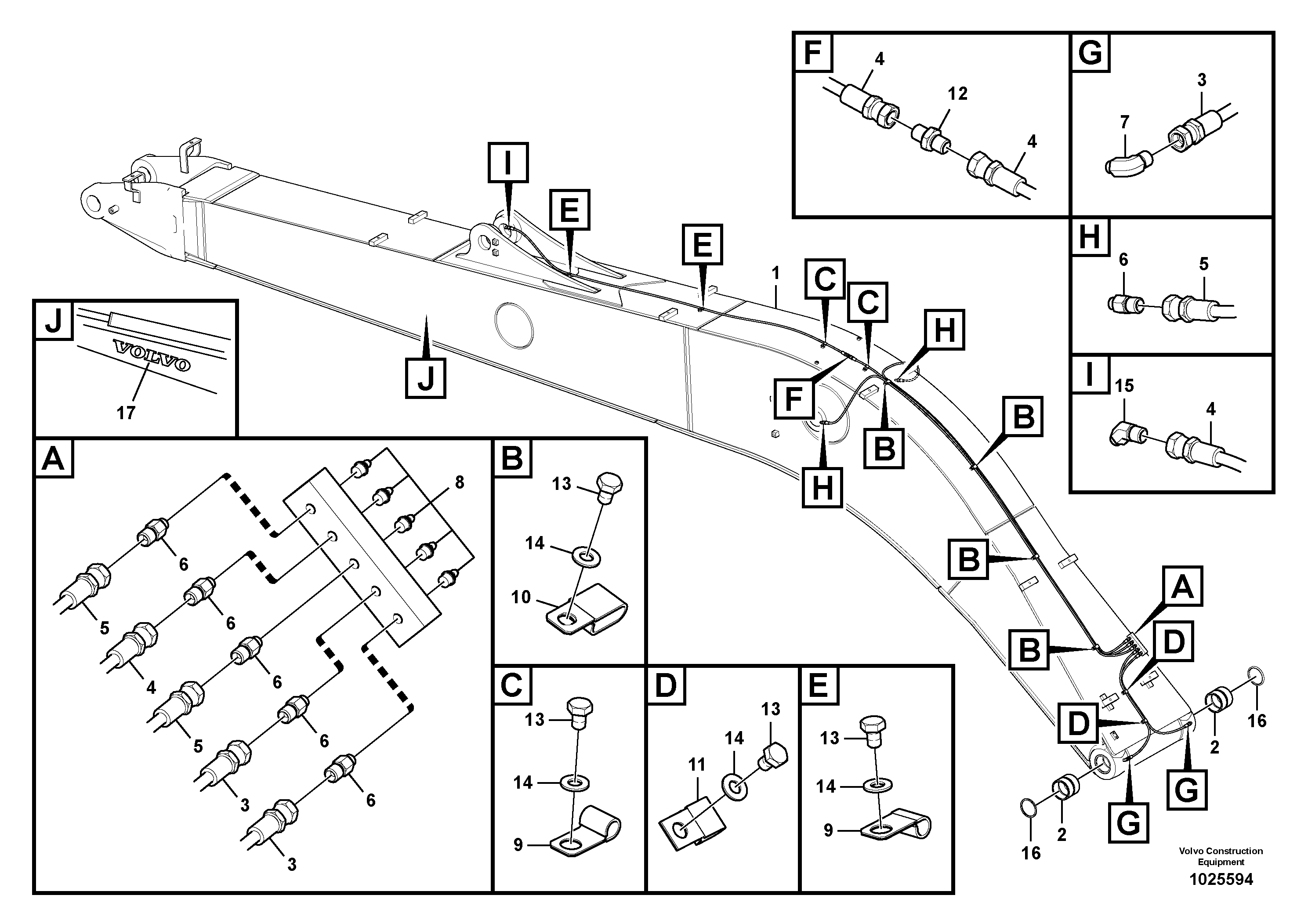 Схема запчастей Volvo EC360C - 62324 Boom and grease piping, long reach EC360C