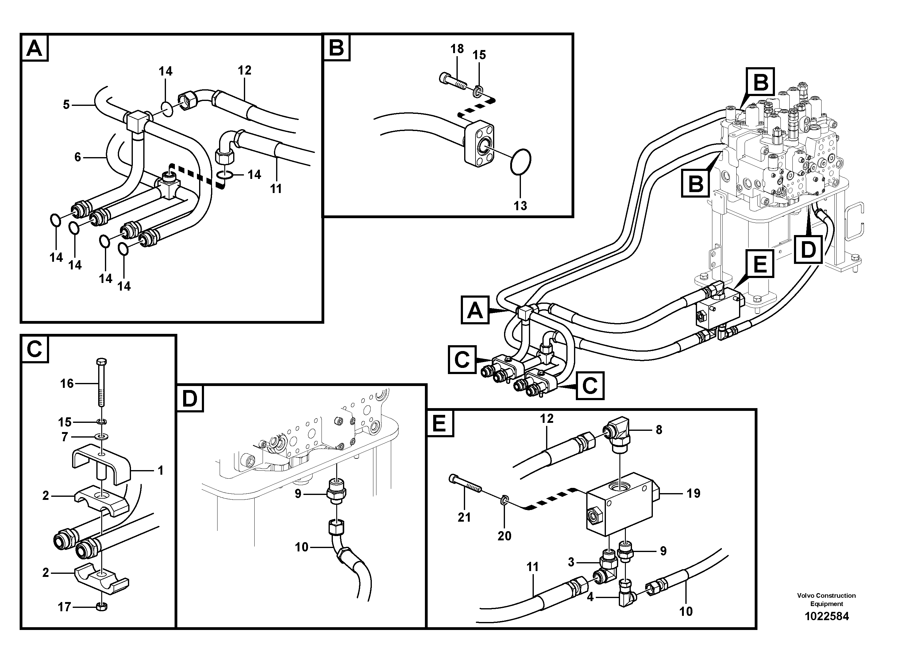 Схема запчастей Volvo EC160C - 13518 Hydraulic system, control valve to boom and swing EC160C