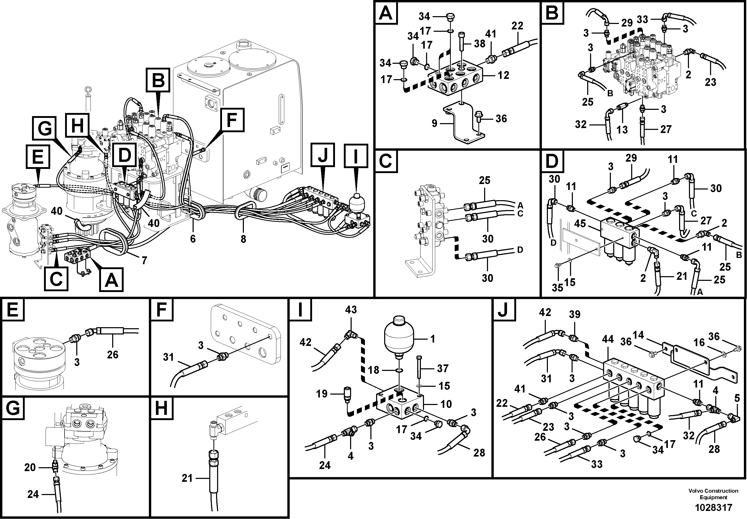 Схема запчастей Volvo EC160C - 102201 Servo system, control valve to solenoid valve EC160C