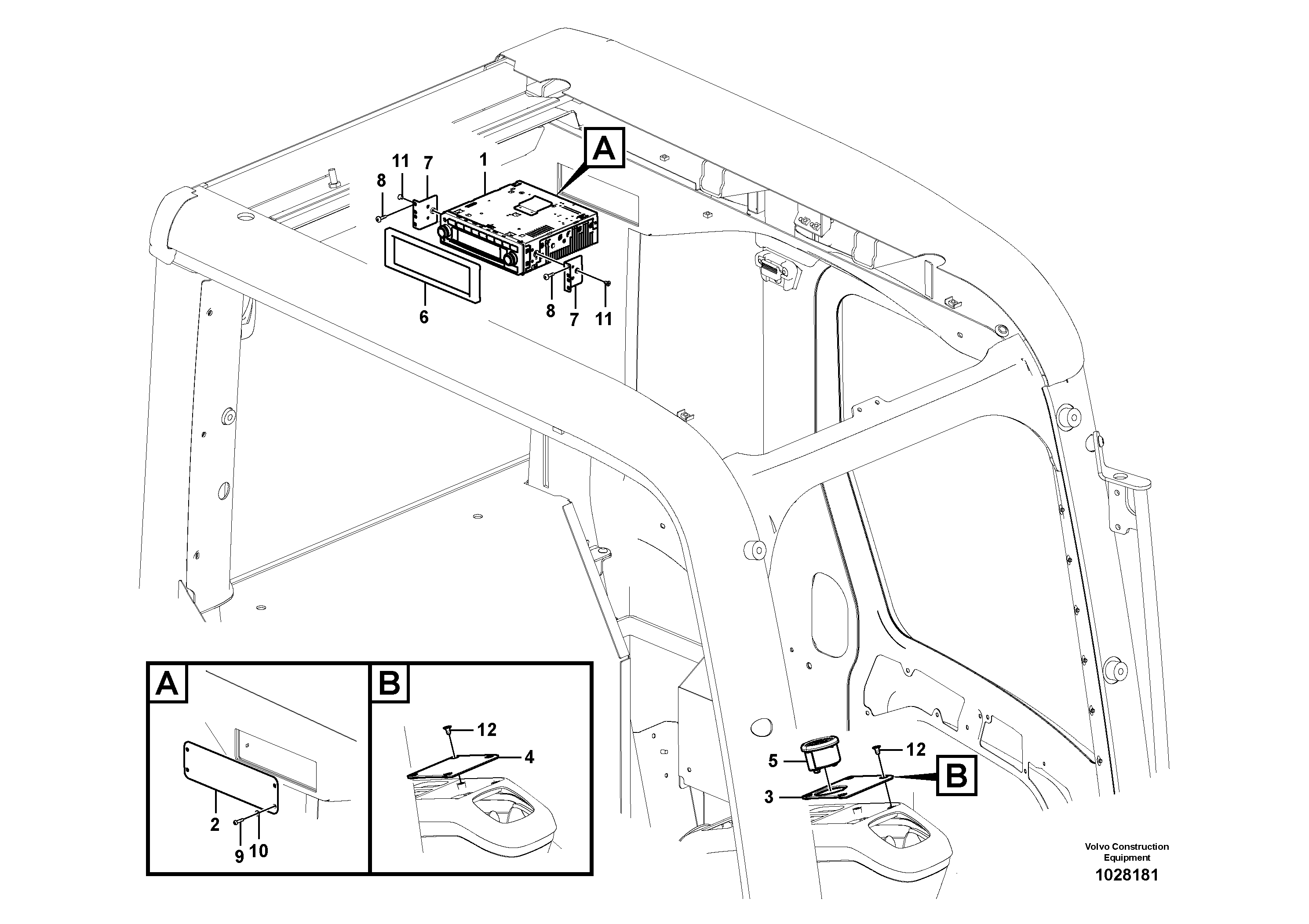 Схема запчастей Volvo ECR145C - 99554 Cassette radio recorder with mounting details ECR145C