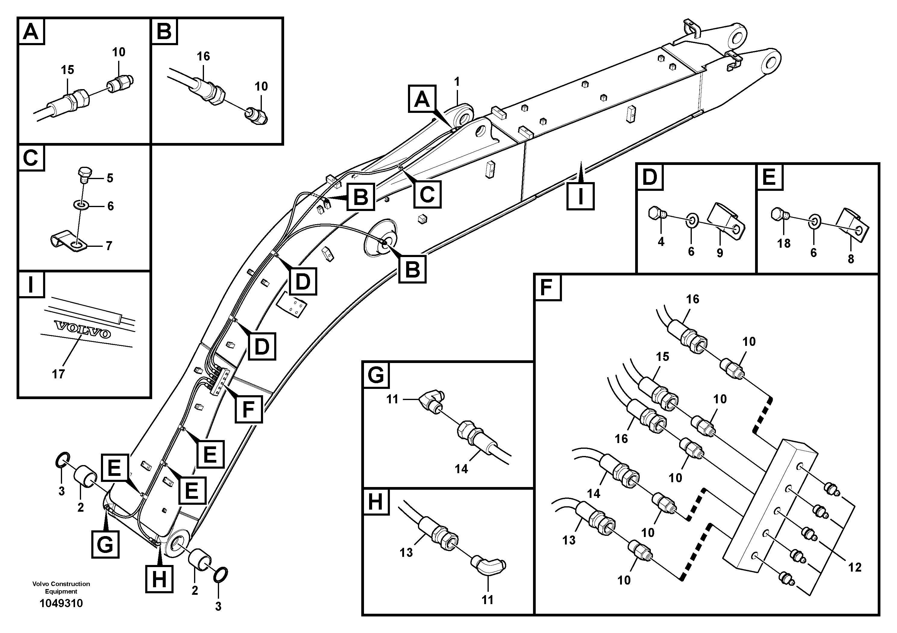 Схема запчастей Volvo ECR145C - 94196 Boom and grease piping ECR145C