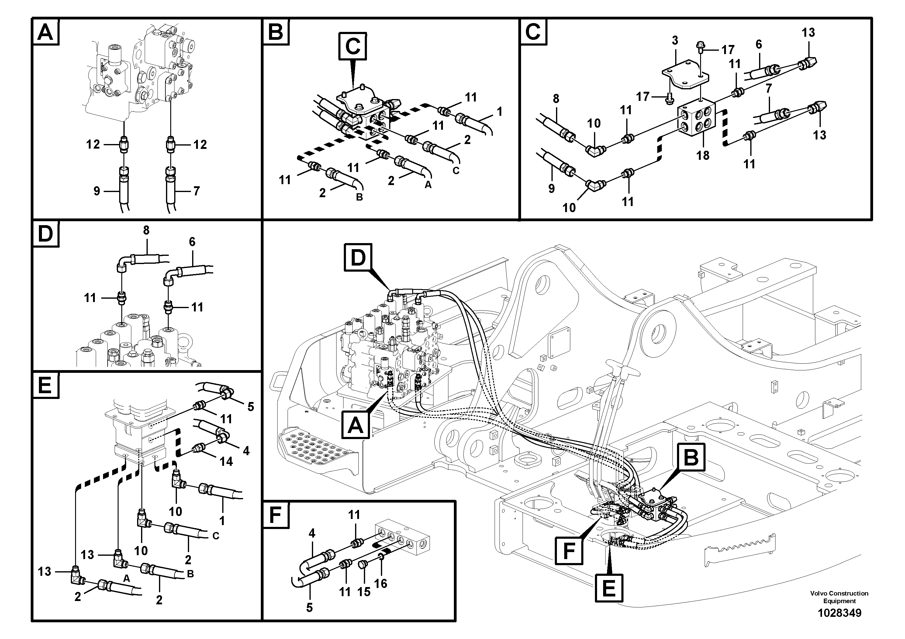 Схема запчастей Volvo ECR235C - 8615 Servo system, control valve to remote control valve pedal ECR235C