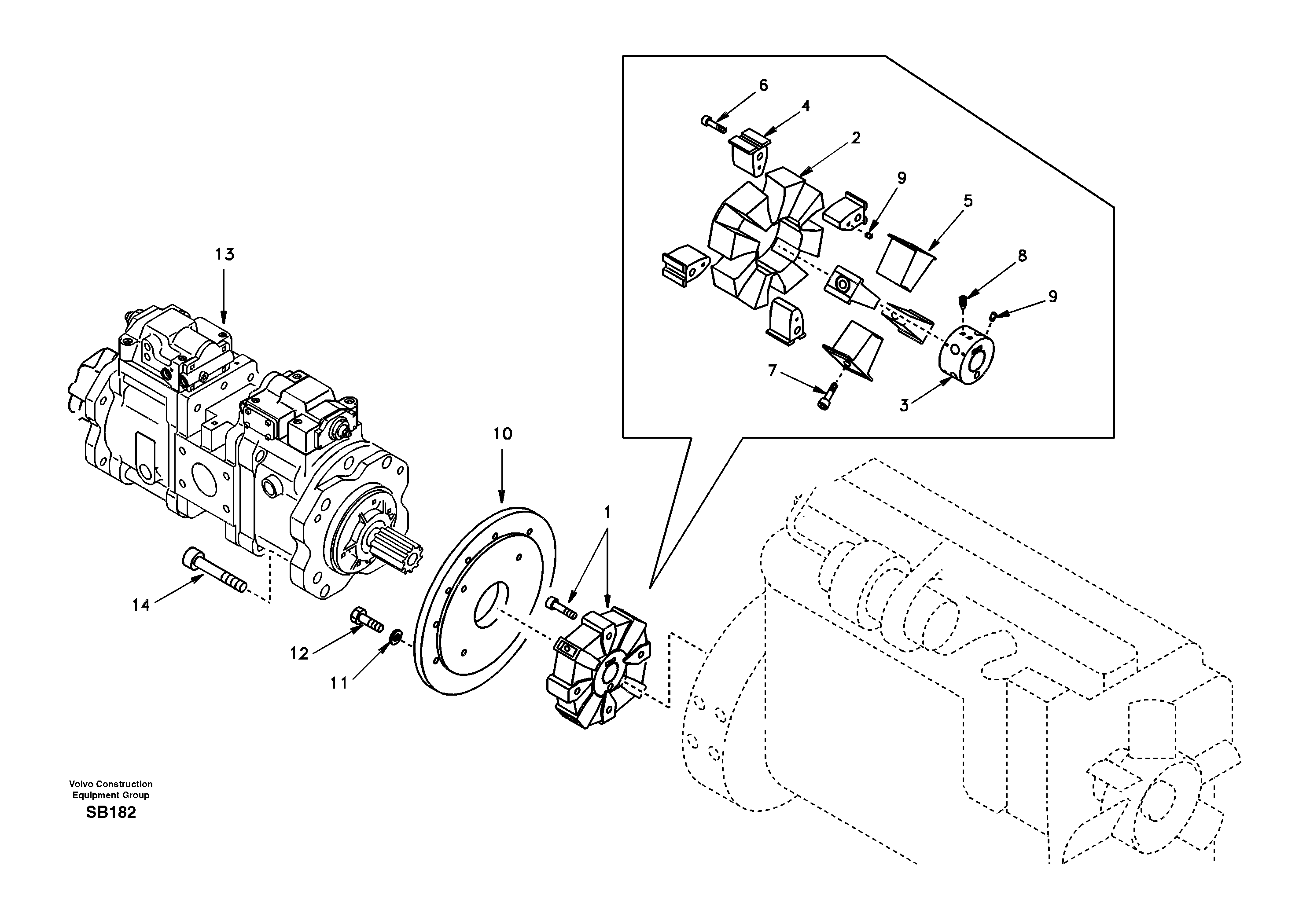 Схема запчастей Volvo EC240 - 39332 Pump gearbox with assembling parts 