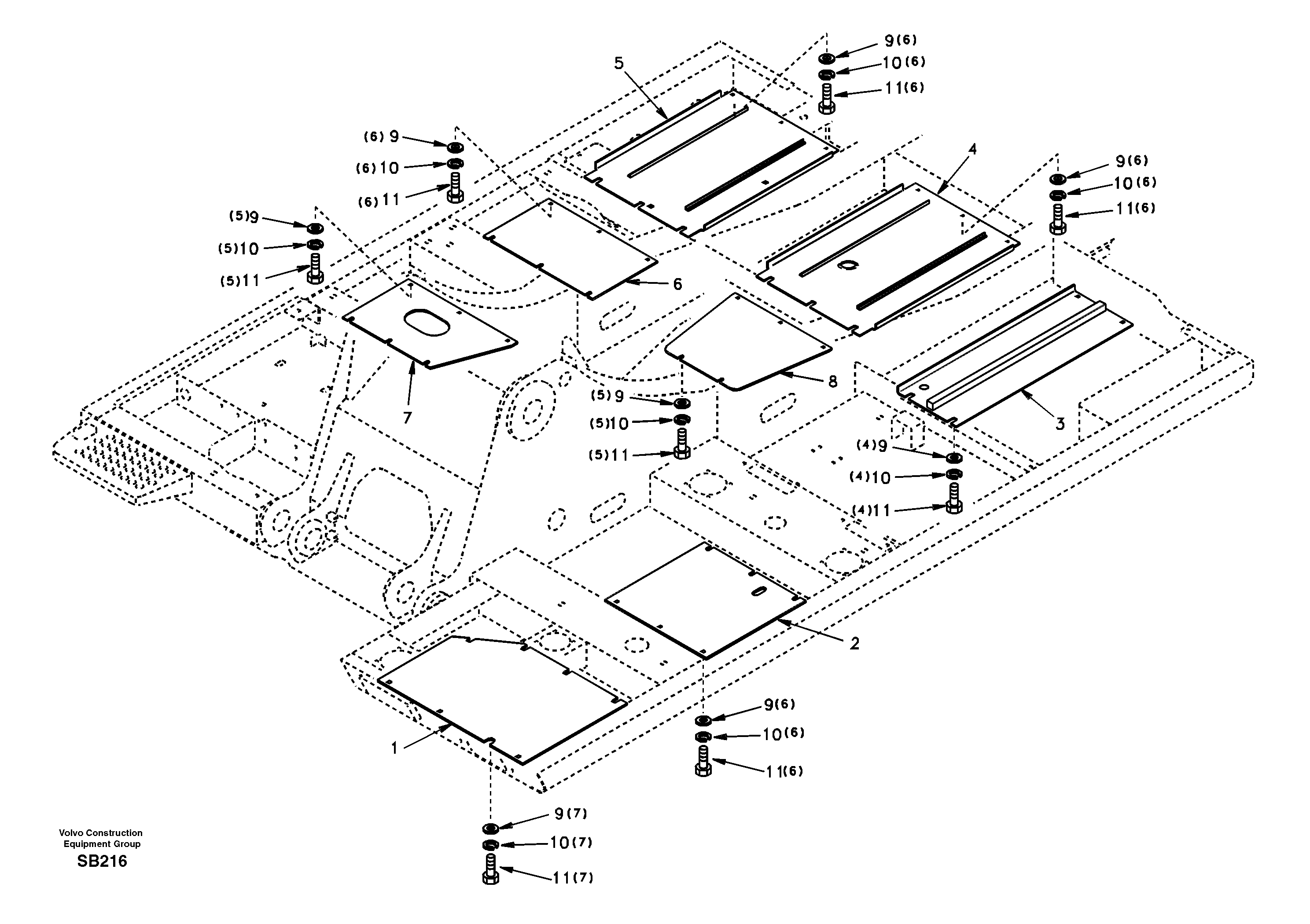 Схема запчастей Volvo EC240 - 5716 Hatches under engine, hydr.pumps, cooler, m.valve and fuel tank 