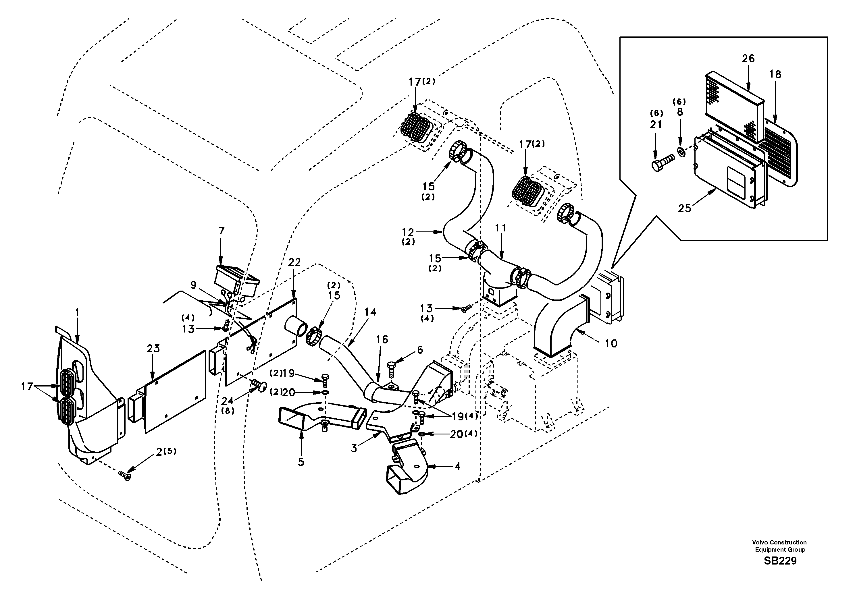 Схема запчастей Volvo EC240 - 35537 Air duct in cabin and cabin floor 