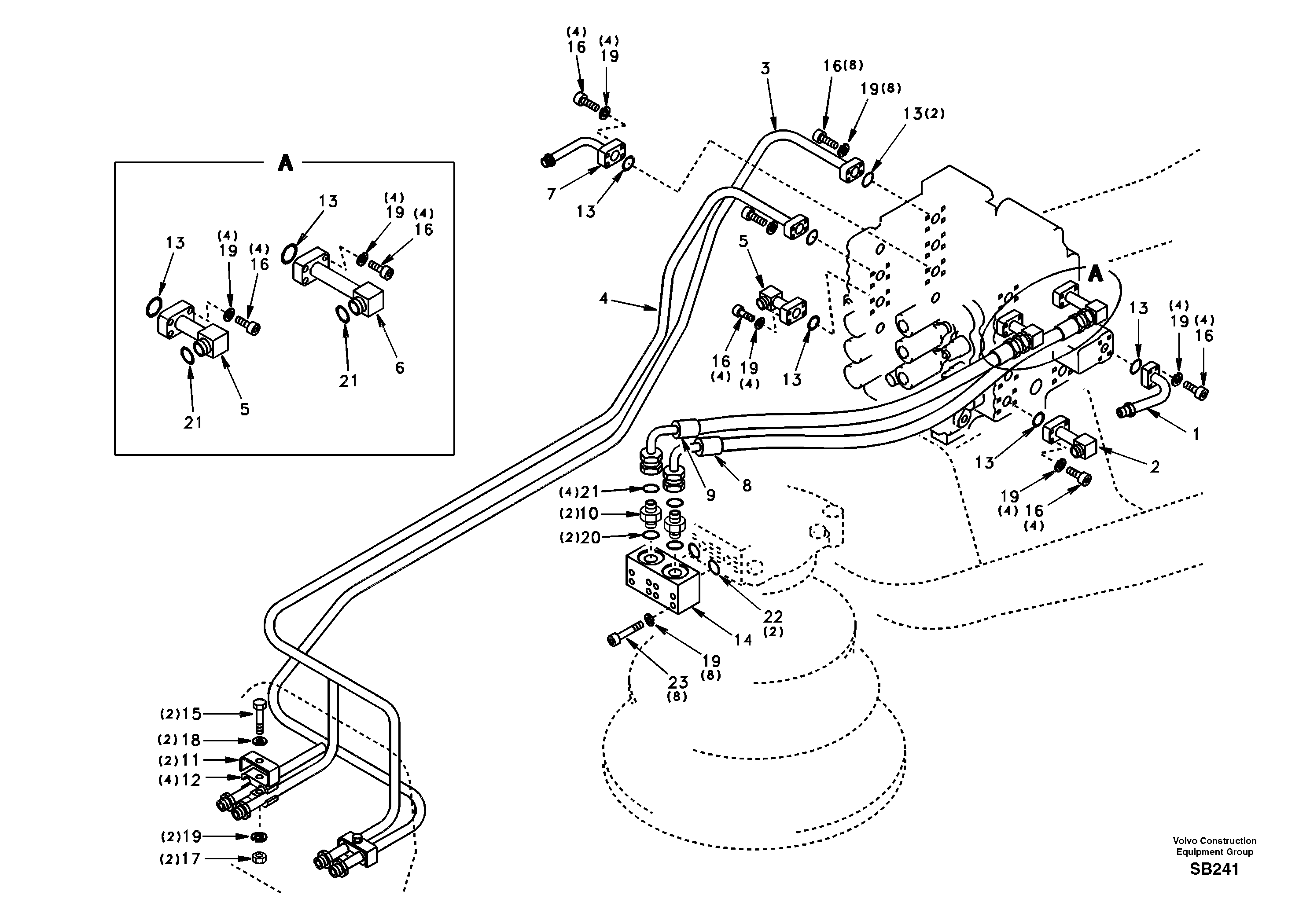 Схема запчастей Volvo EC240 - 76382 Hydraulic system, control valve to boom and swing 