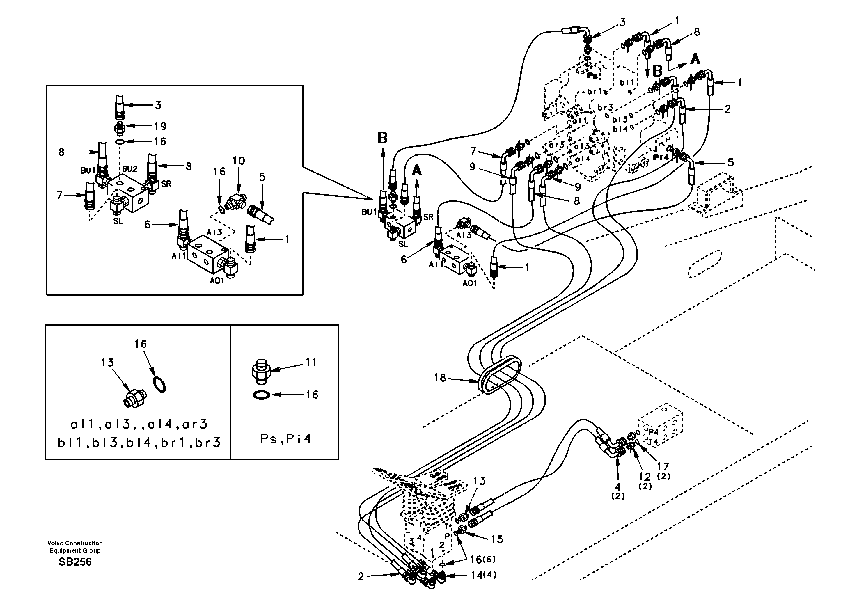 Схема запчастей Volvo EC240 - 44291 Servo system, control valve to remote control valve pedal 