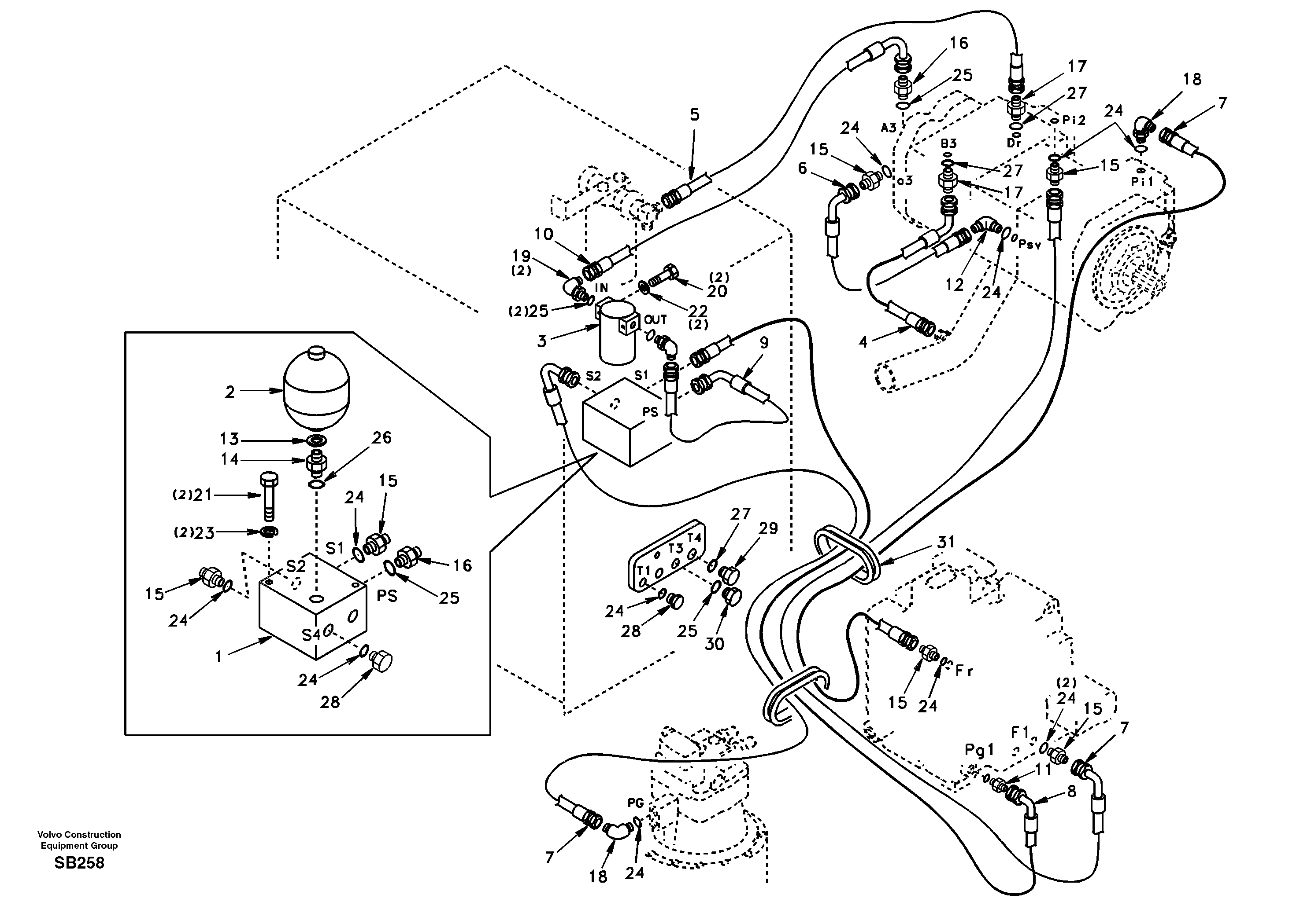 Схема запчастей Volvo EC240 - 94308 Servo system, pump to control valve 