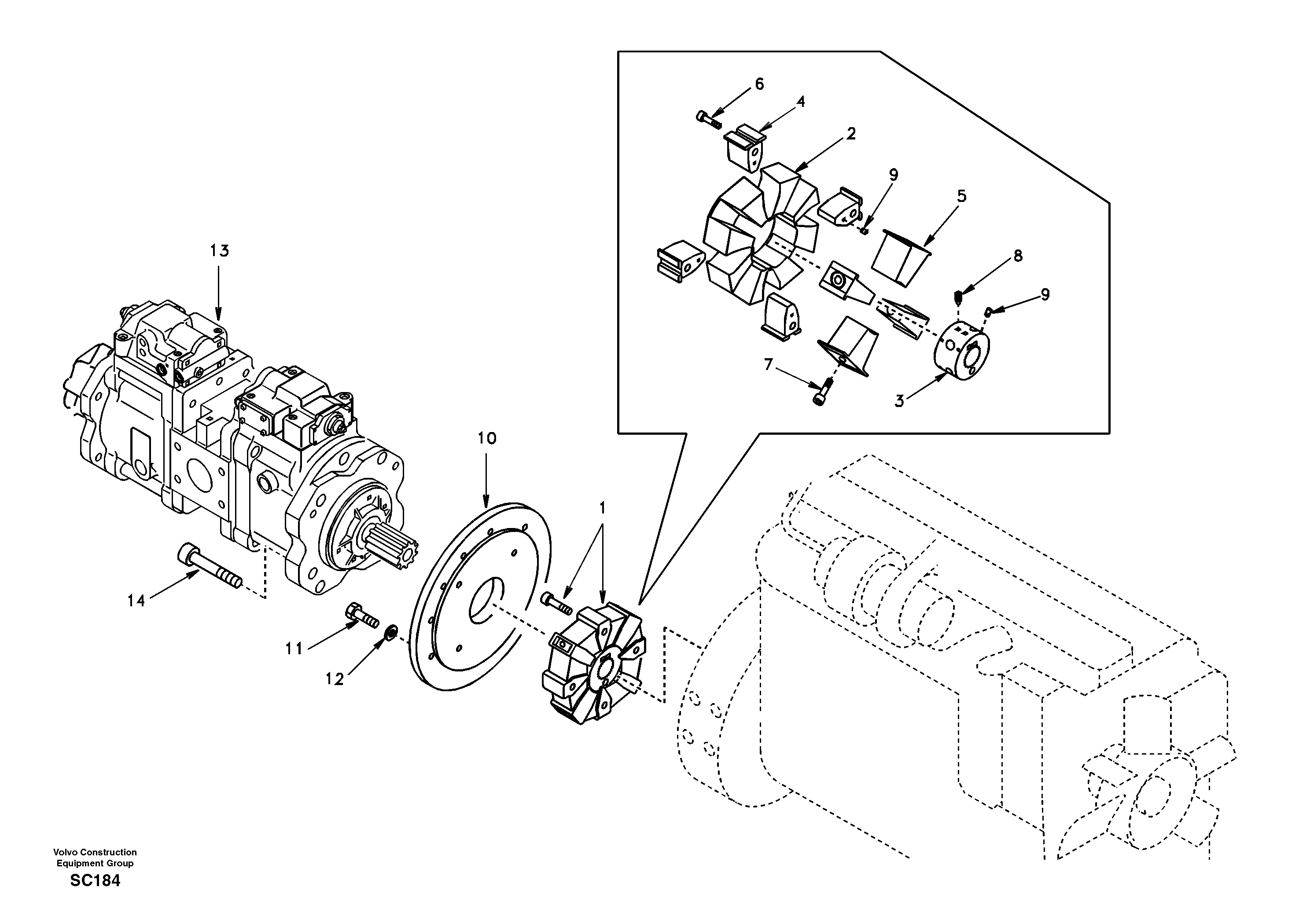 Схема запчастей Volvo EC140 - 6994 Pump gearbox with assembling parts 