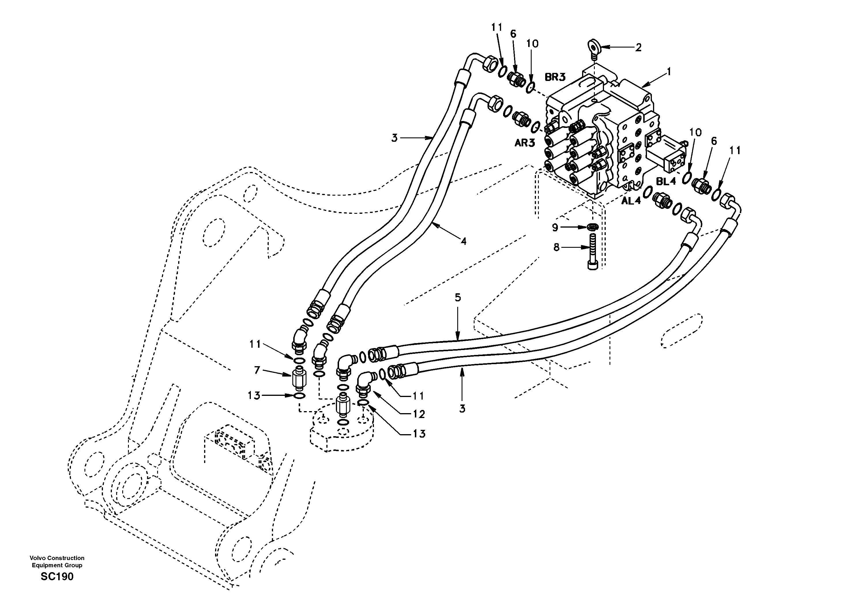 Схема запчастей Volvo EC140 - 40707 Turning joint line, control valve to turning joint 