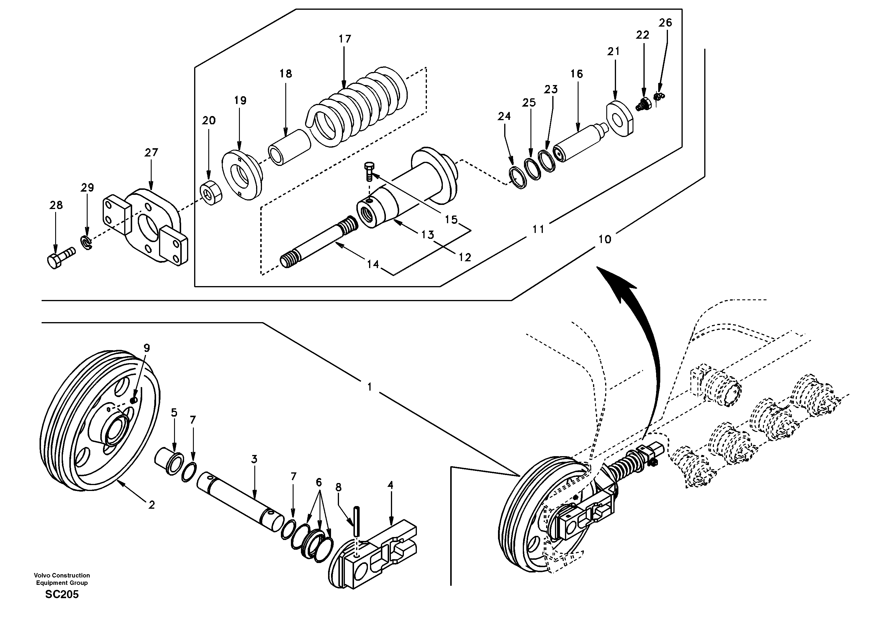 Схема запчастей Volvo EC140 - 55447 Front idler, spring package 