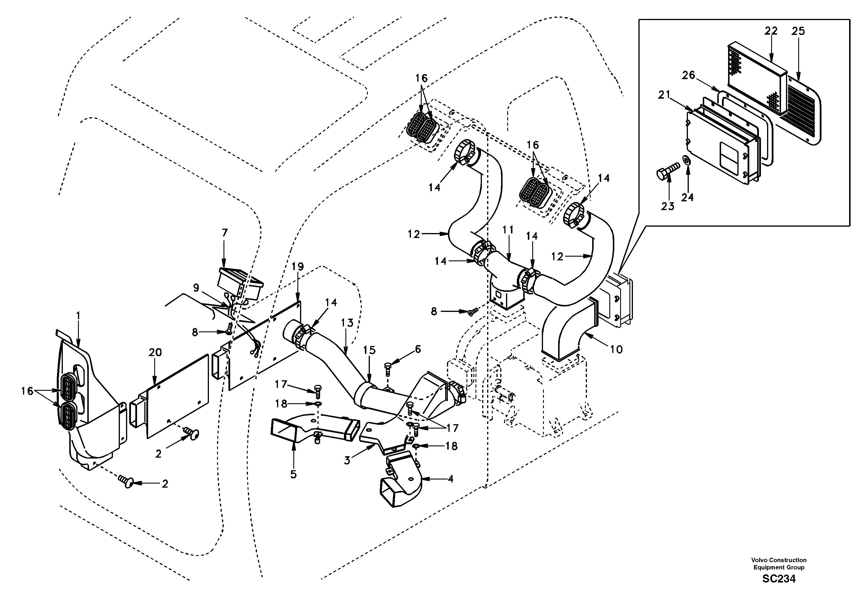 Схема запчастей Volvo EC140 - 46207 Air duct in cabin and cabin floor 