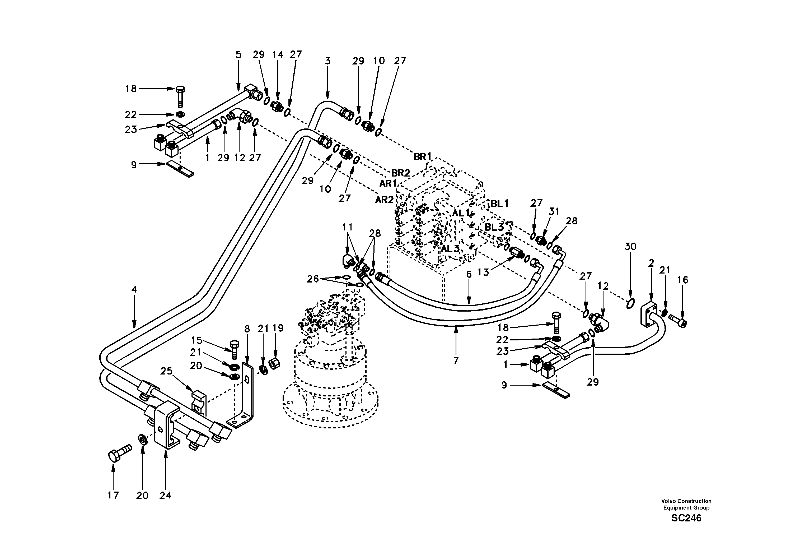 Схема запчастей Volvo EC140 - 36811 Hydraulic system, control valve to boom and swing 