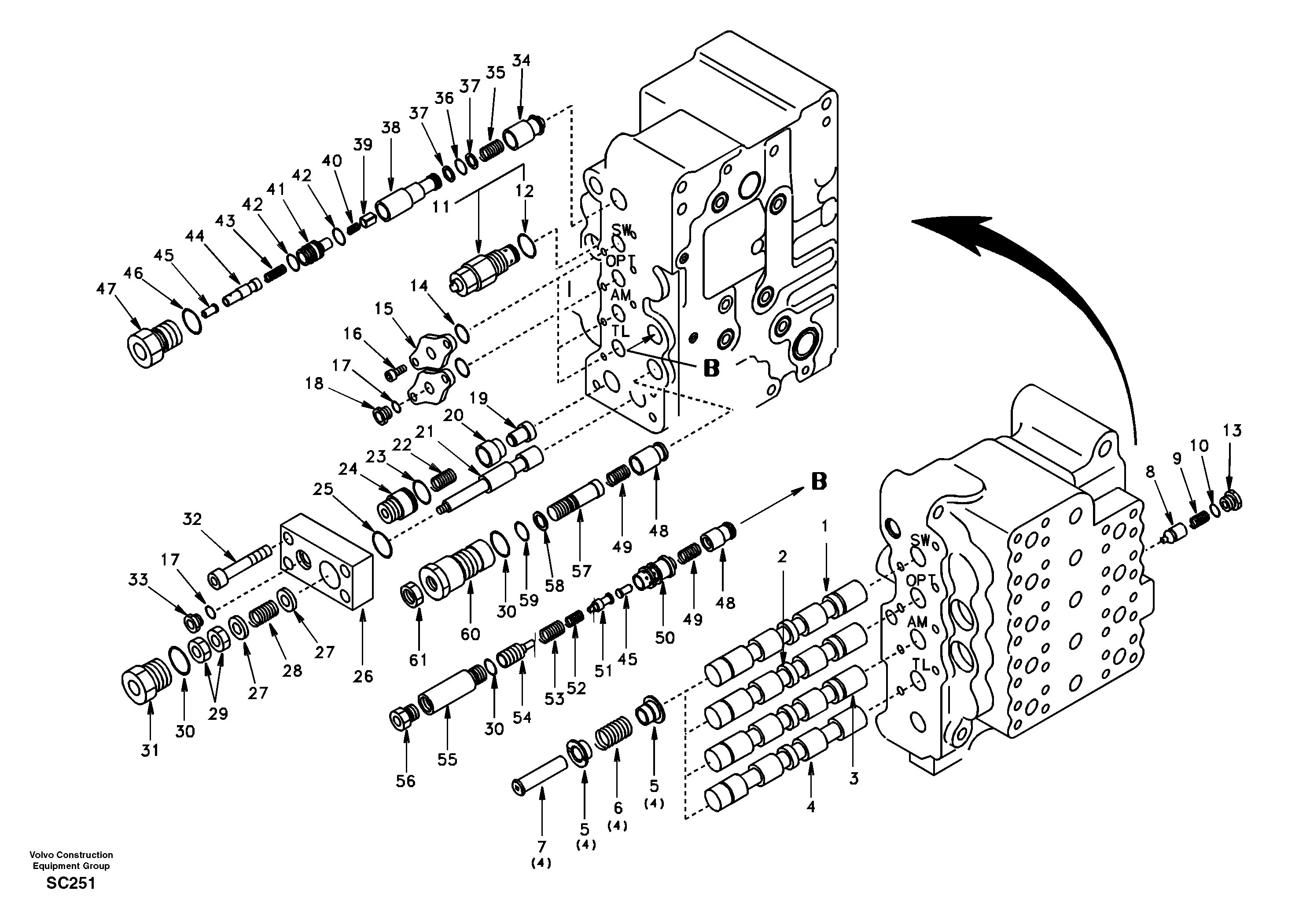 Схема запчастей Volvo EC140 - 101576 Main control valve, swing and option and dipper arm and travel Lh 