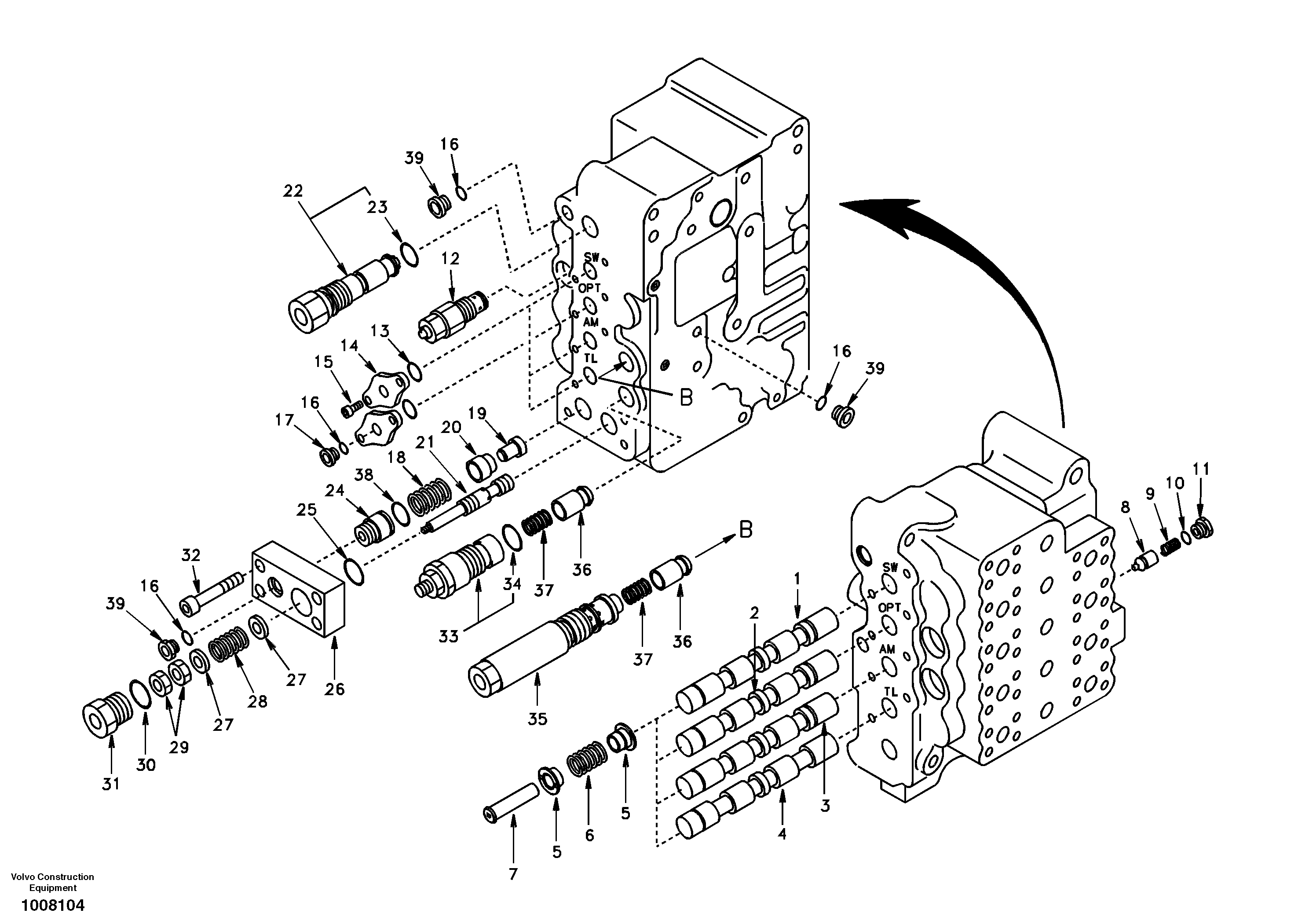 Схема запчастей Volvo EC140 - 40710 Main control valve, swing and option and dipper arm and travel Lh 