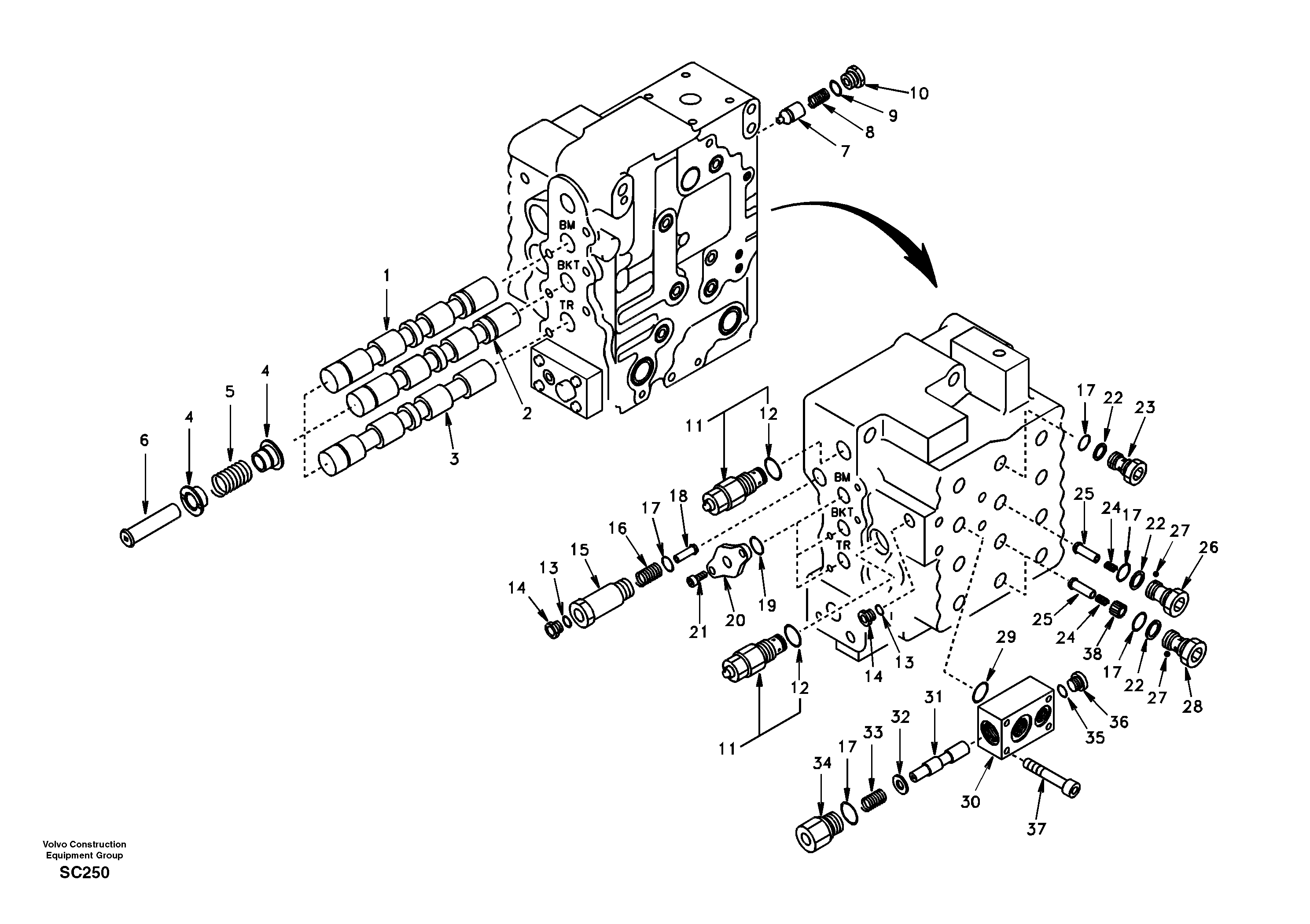 Схема запчастей Volvo EC140 - 58697 Main control valve, boom and bucket and travel Rh 