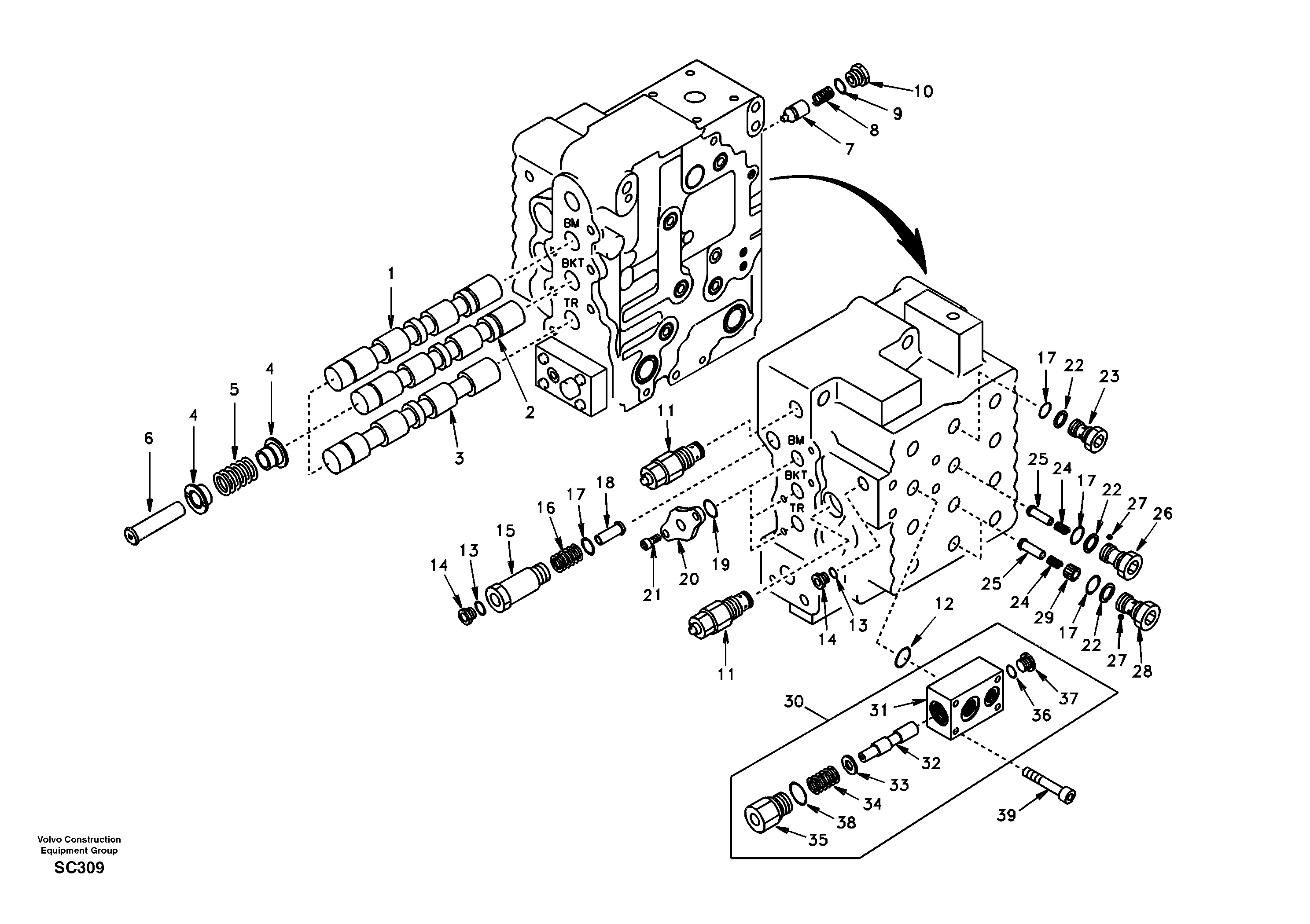 Схема запчастей Volvo EC140 - 95779 Main control valve, boom and bucket and travel Rh 