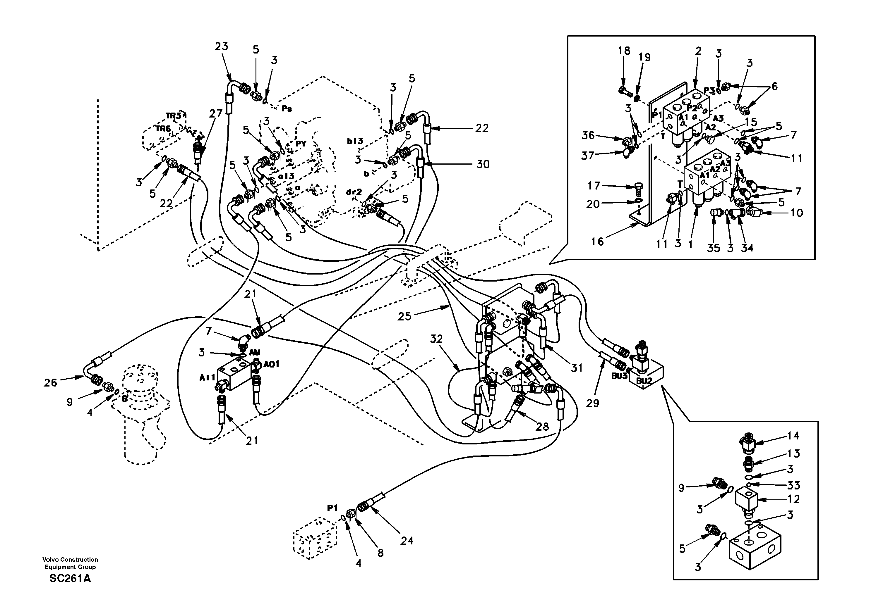 Схема запчастей Volvo EC140 - 14591 Servo system, control valve to solenoid valve 