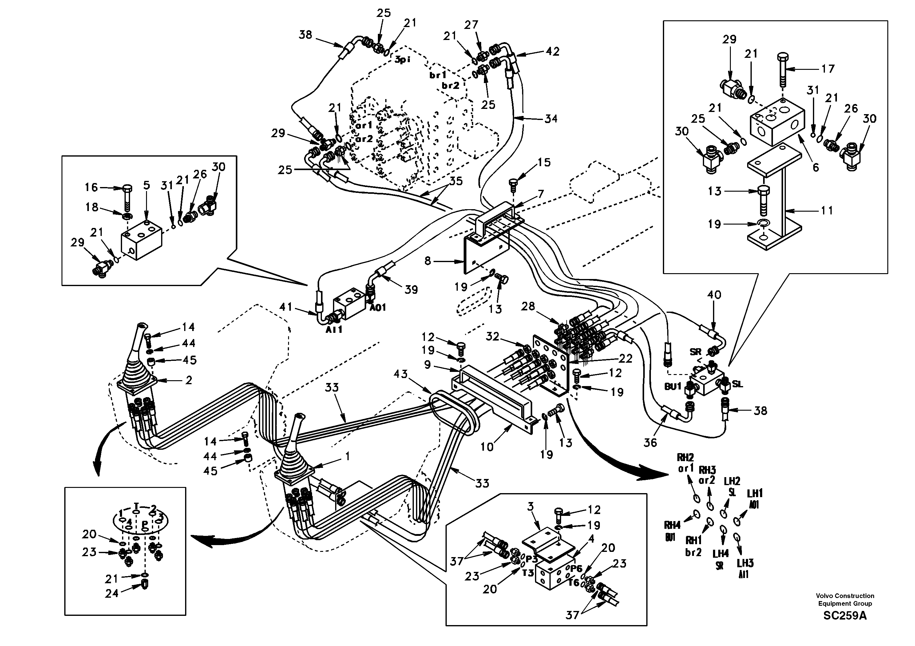 Схема запчастей Volvo EC140 - 44298 Servo system, control valve to remote control valve 