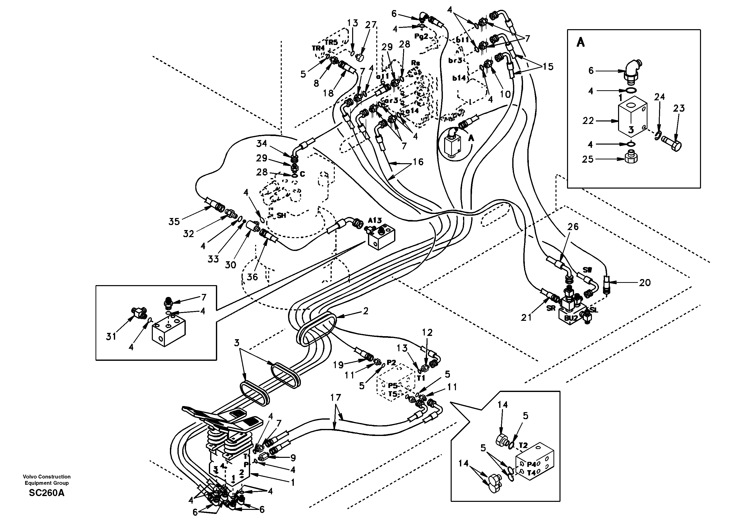 Схема запчастей Volvo EC140 - 94954 Servo system, control valve to remote control valve pedal 