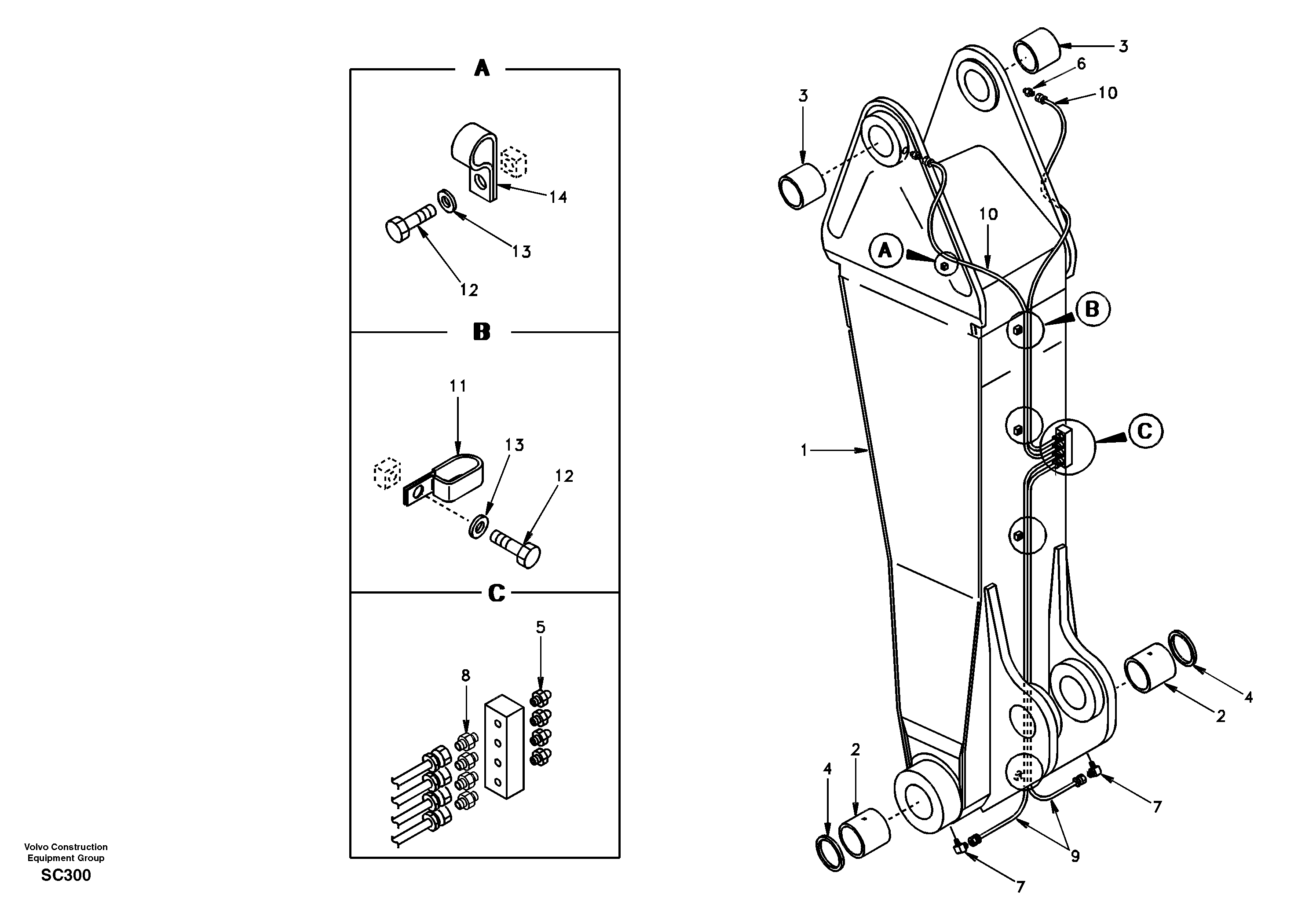 Схема запчастей Volvo EC140 - 46069 Boom and grease piping, adjustable 1st 