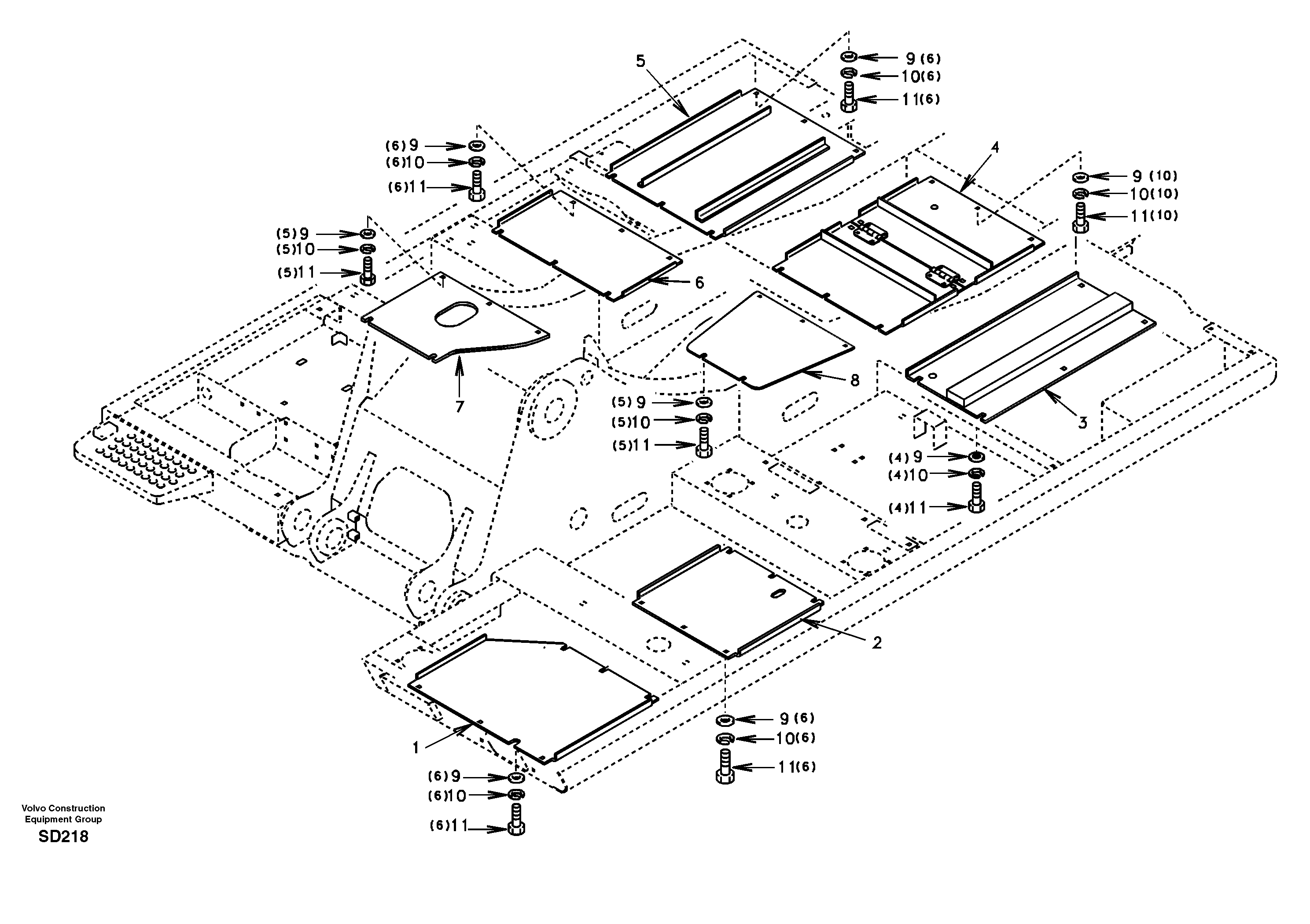 Схема запчастей Volvo EC290 - 6664 Hatches under engine, hydr.pumps, cooler, m.valve and fuel tank 