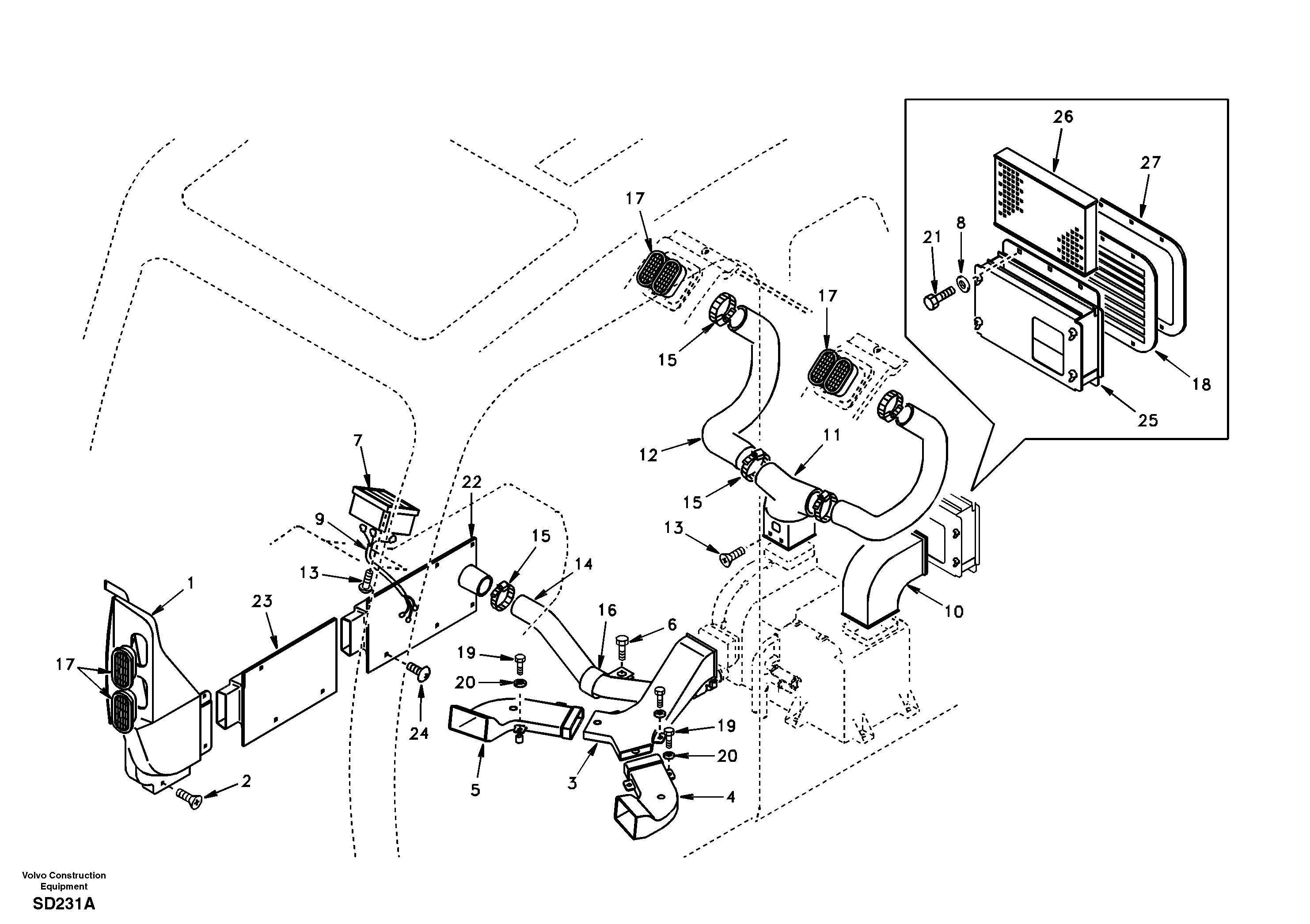 Схема запчастей Volvo EC290 - 43449 Air duct in cabin and cabin floor 