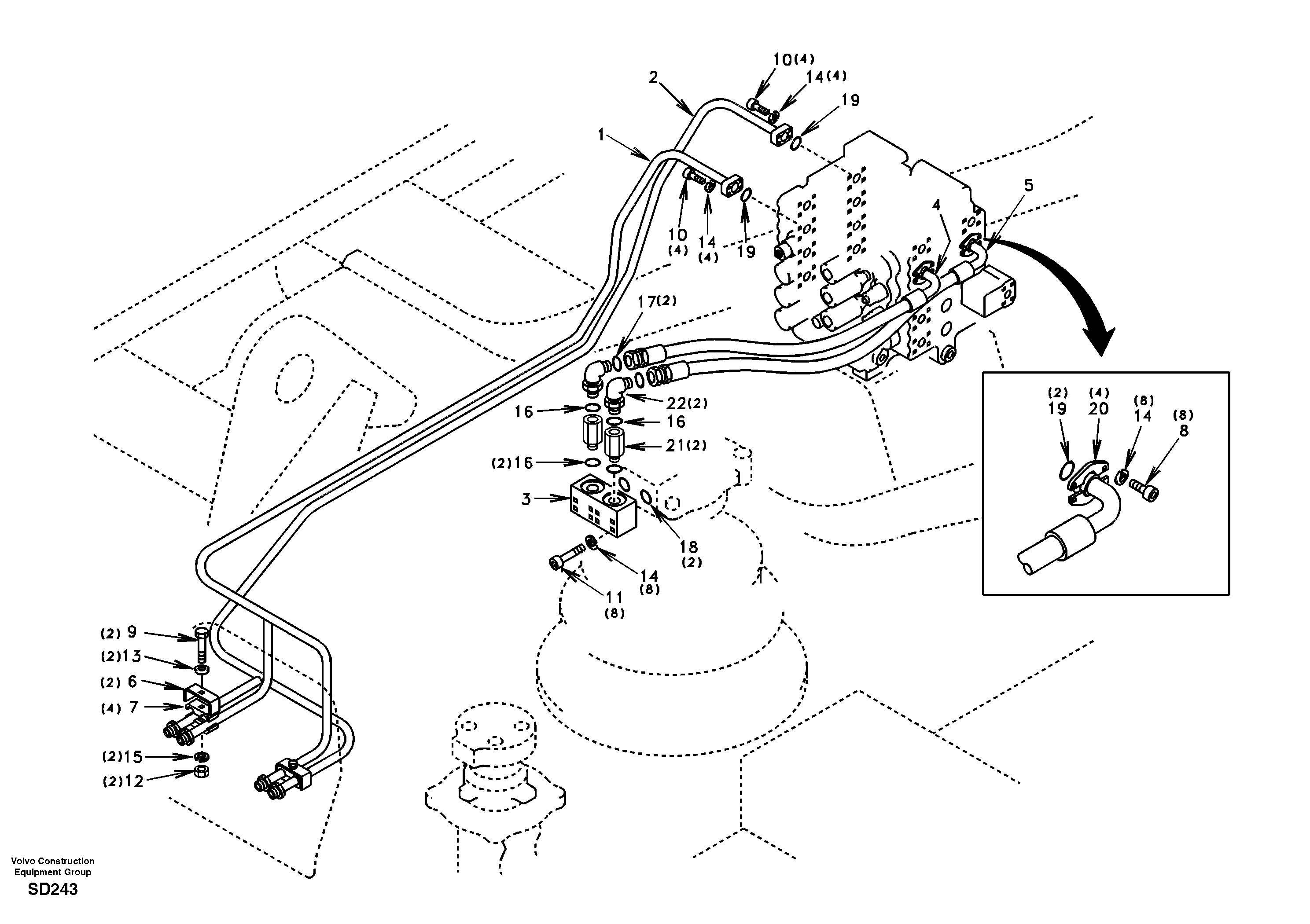 Схема запчастей Volvo EC290 - 73766 Hydraulic system, control valve to boom and swing 