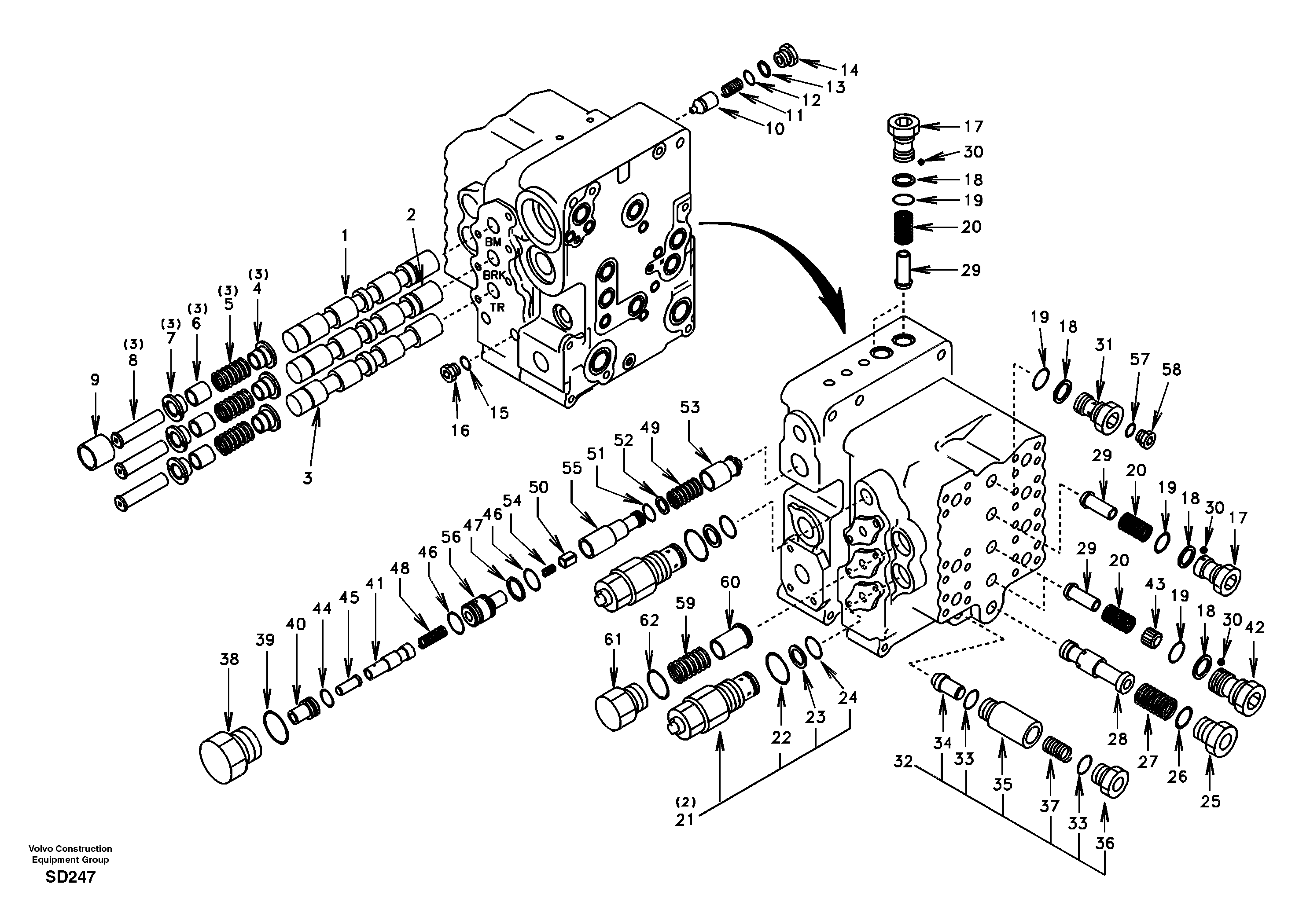 Схема запчастей Volvo EC290 - 38900 Main control valve, boom and bucket and travel Rh 