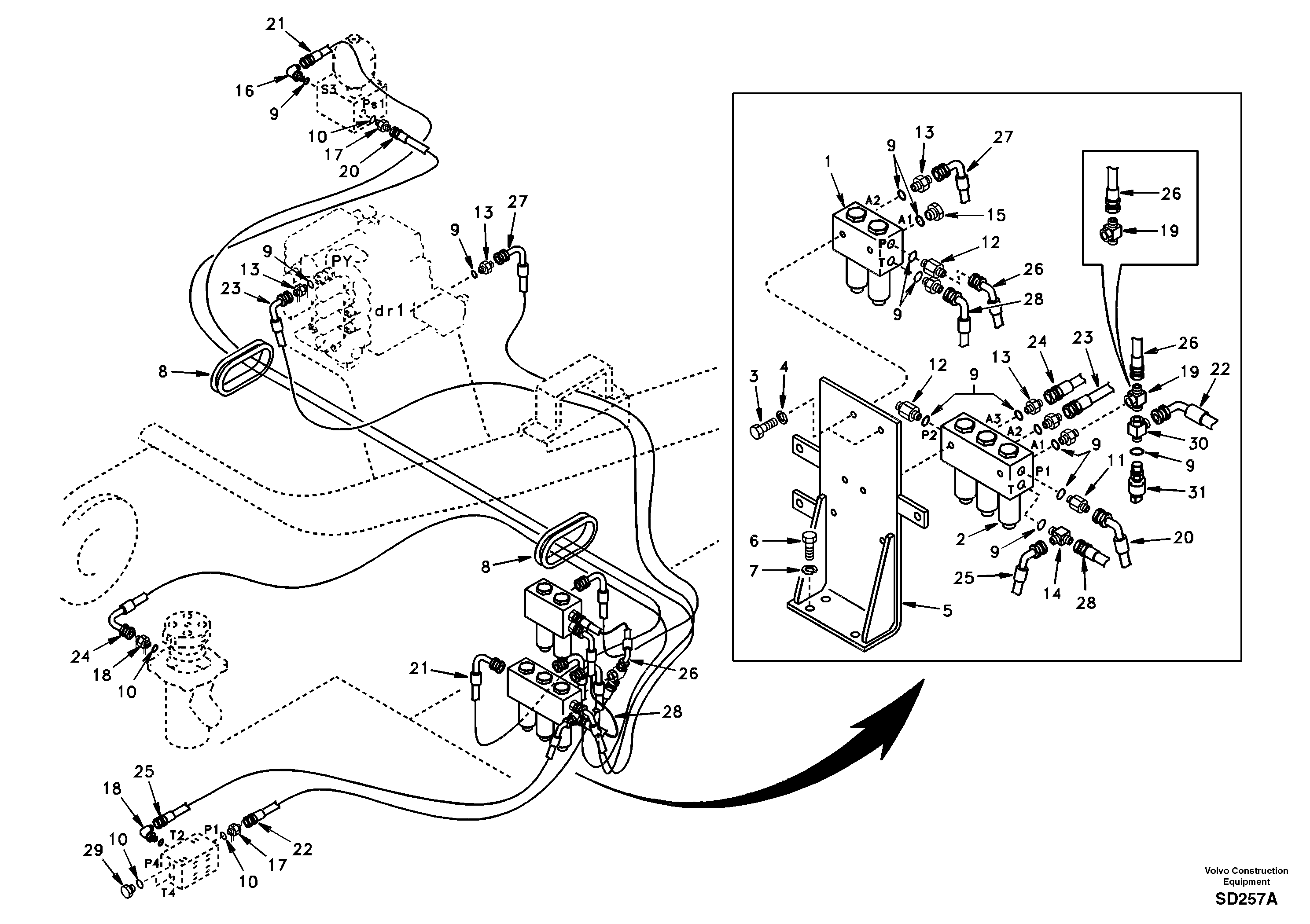 Схема запчастей Volvo EC290 - 3567 Servo system, control valve to solenoid valve 