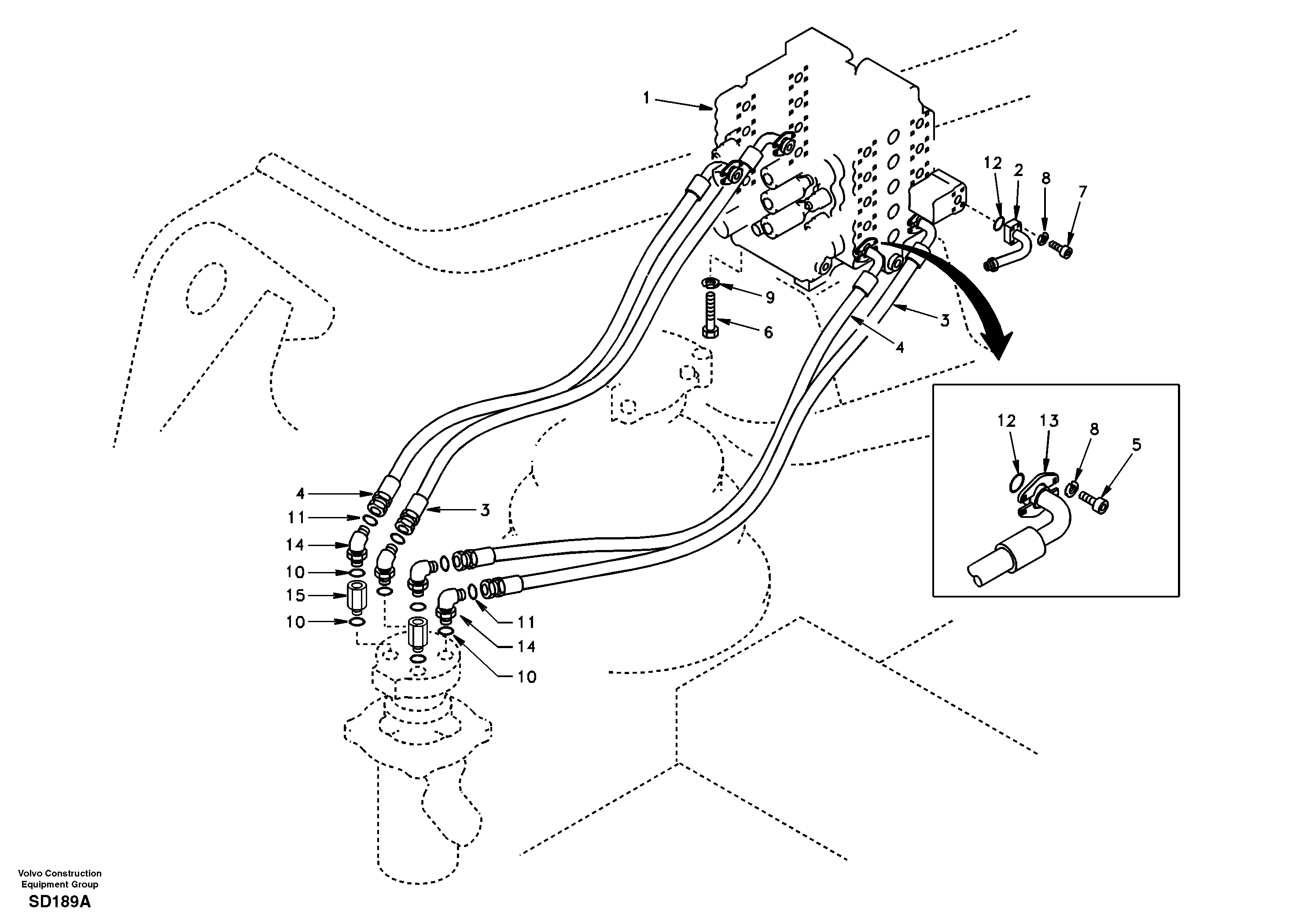 Схема запчастей Volvo EC290 - 77023 Turning joint line, control valve to turning joint 